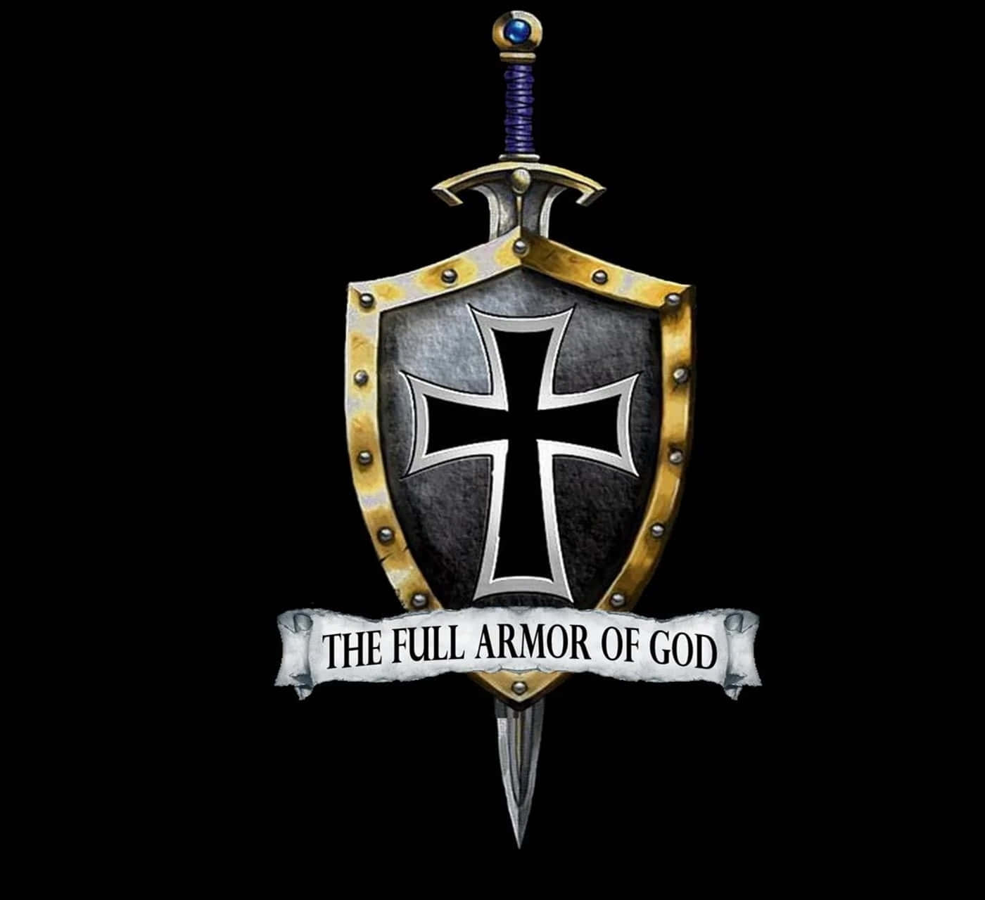 劍穿盾牌，帶有十字架和寫著「The Full Armor of God」的橫幅