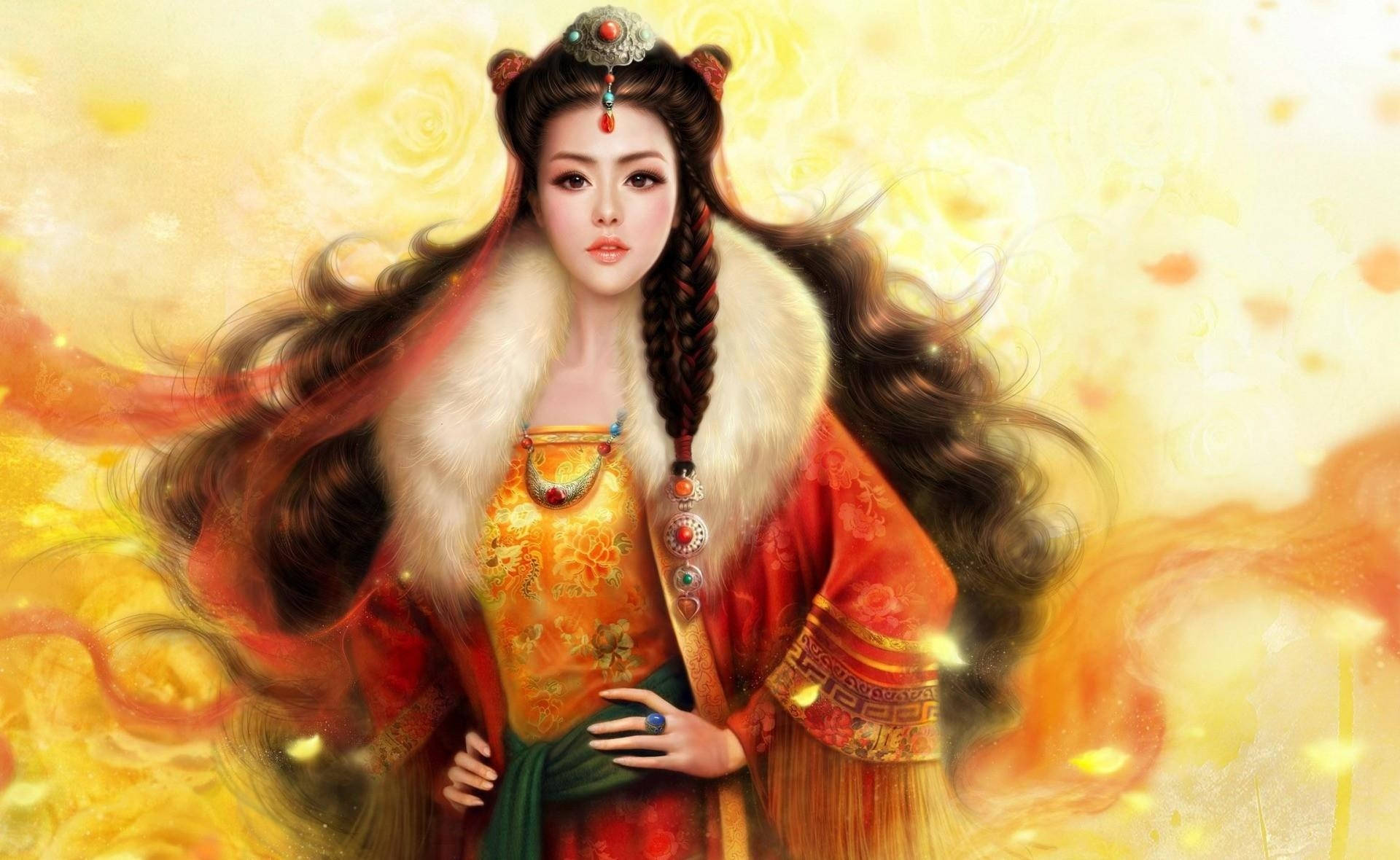 一位穿著傳統皇室服飾的女性，飄逸的頭髮和金色背景。