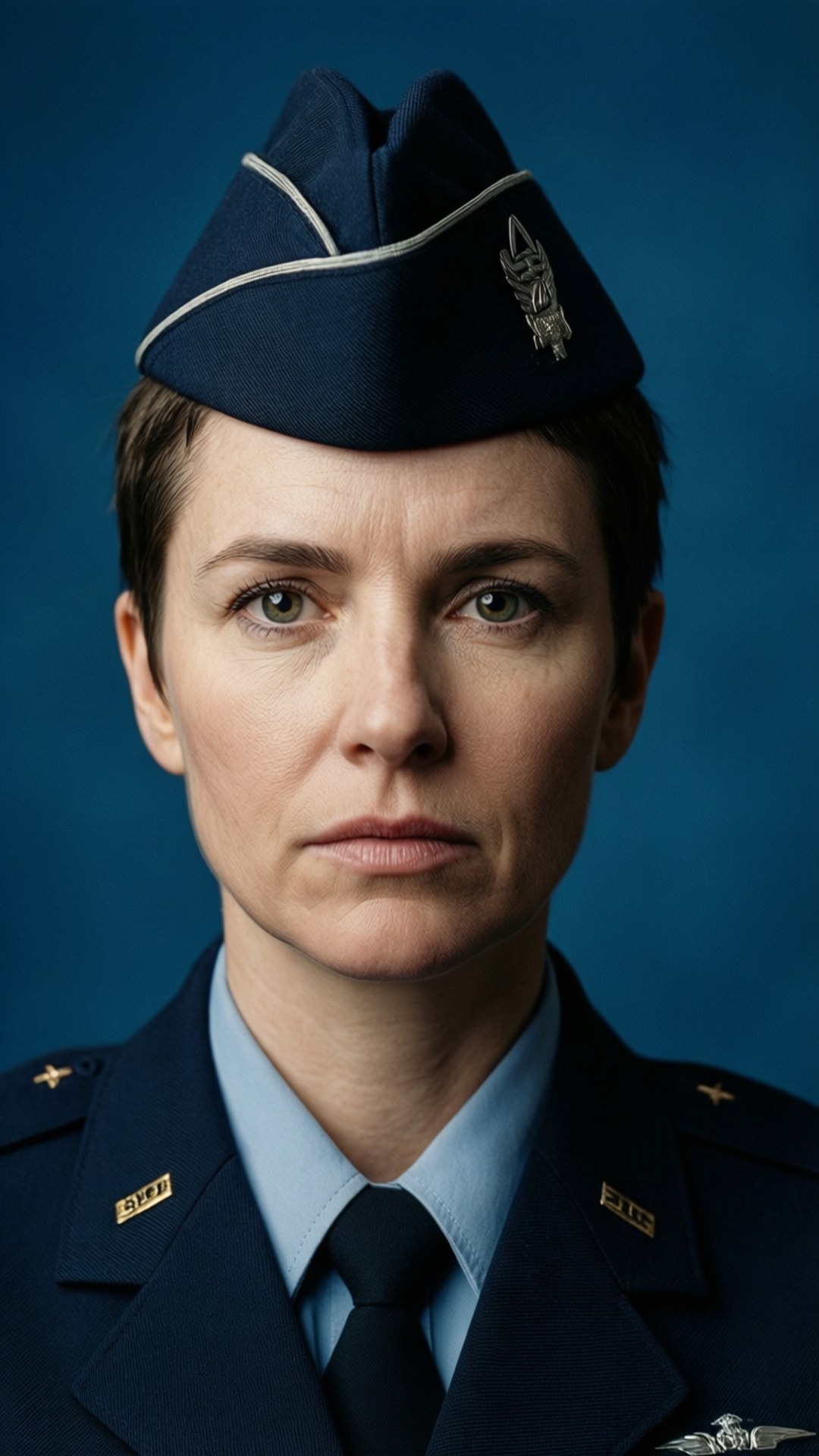 一位嚴肅的女空軍軍官身穿制服，在藍色背景前的肖像。