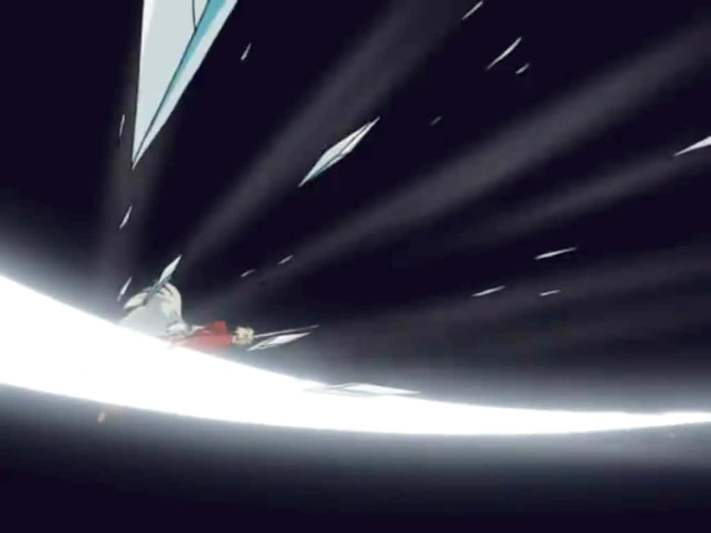 堅硬碎片飛舞 壁紙 — 一個紅白色的動漫角色跳過被耀眼白色光束和漂浮碎片穿透的黑暗虛空。