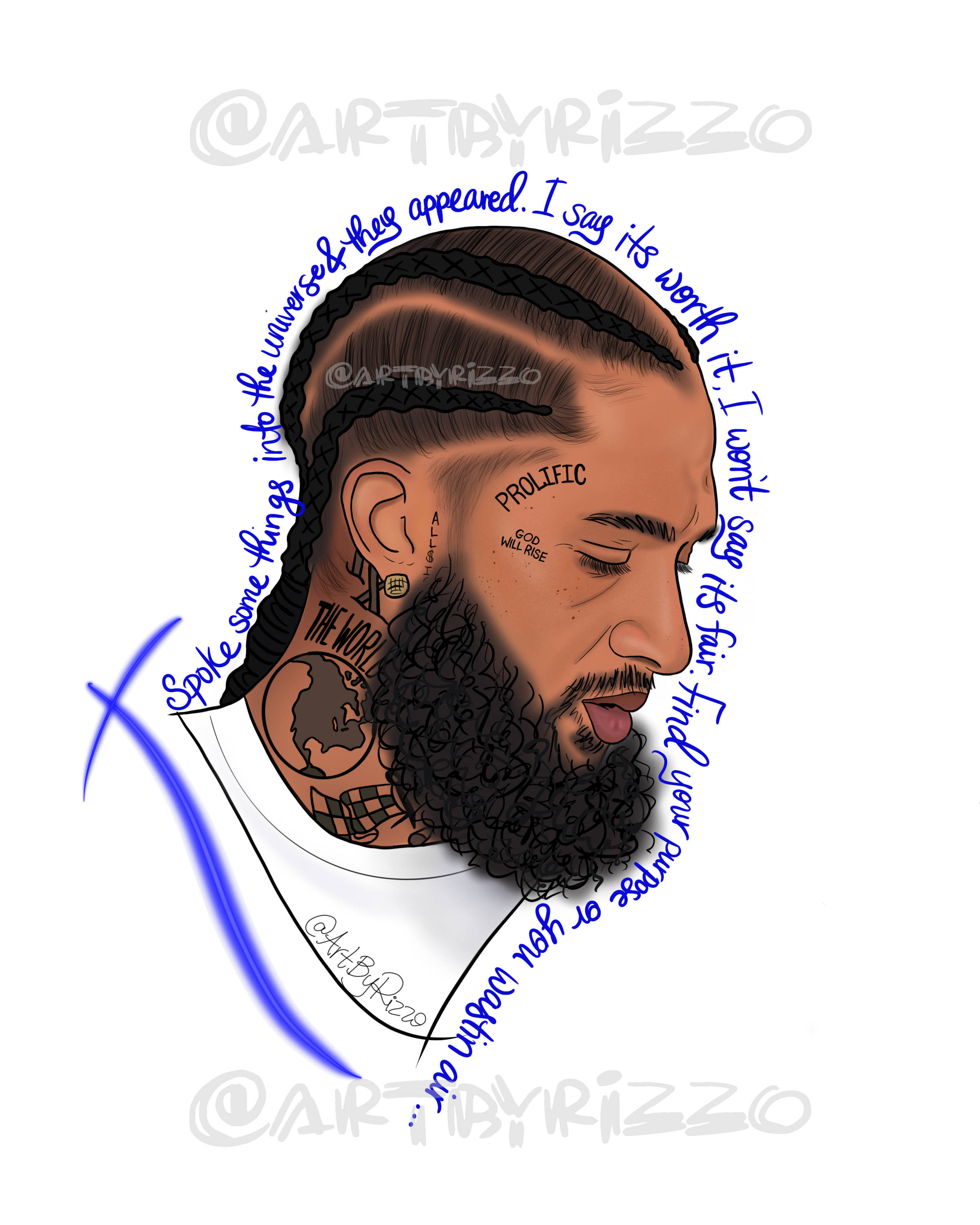 堅韌精神——Nipsey Hussle 的動態肖像 壁紙 — 一個風格化的數碼肖像，描繪一位辮子頭髮、帶有「PROLIFIC」和地球圖案紋身的男子，周圍環繞著藍色的勵志文字。