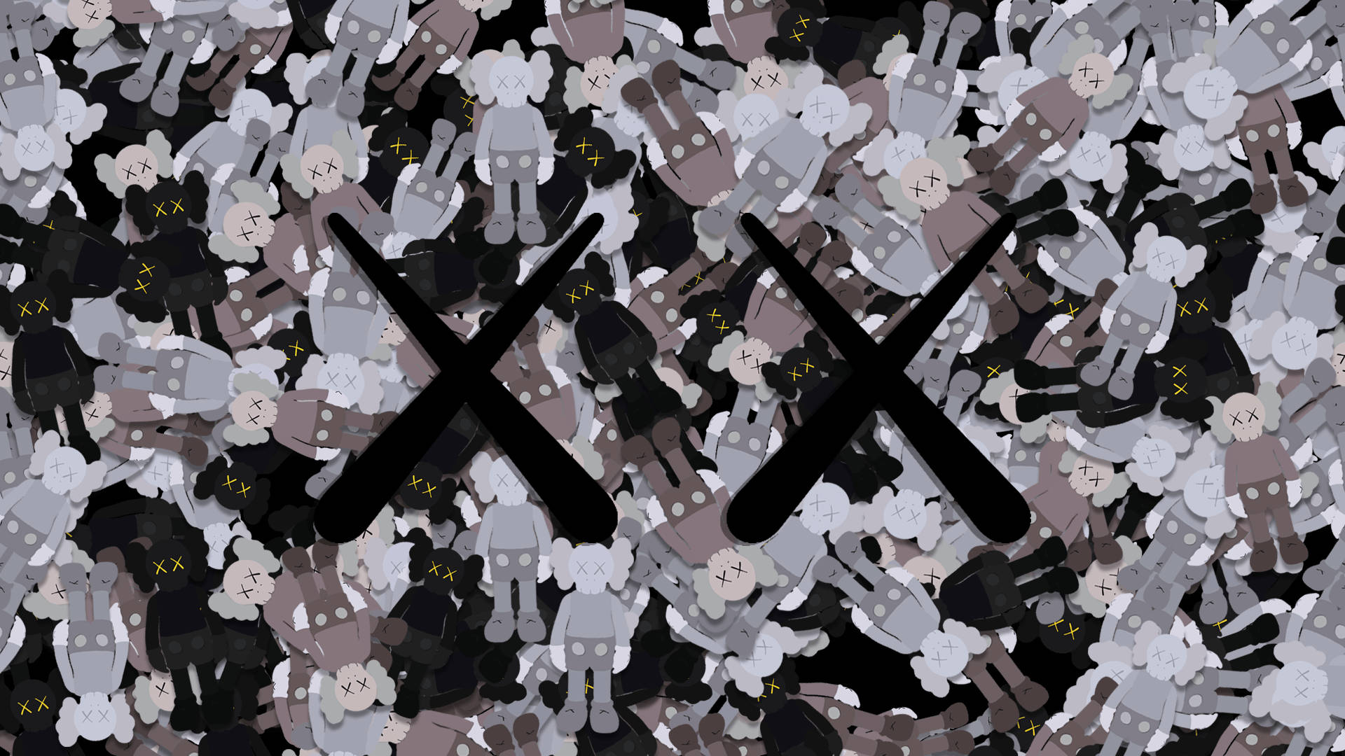 KAWS Companion公仔以灰階呈現，帶有黃色X眼睛和黑色交叉符號疊加。