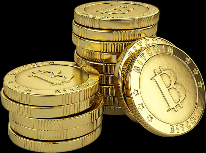 堆疊的金色比特幣硬幣 壁紙 — 一堆閃閃發光的金色比特幣，上面有浮雕的「B」標誌，背景是純黑色。