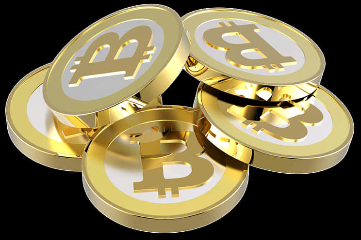 堆疊的金色比特幣硬幣 壁紙 — 閃亮的金色比特幣硬幣堆疊成一堆，在黑色背景上帶有反射高光。
