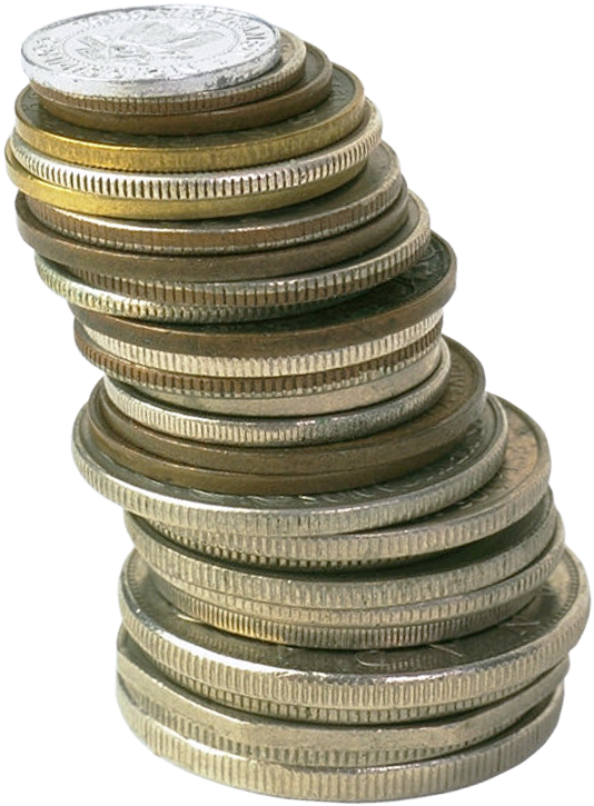 堆疊硬幣塔 壁紙 — 一堆高聳且不穩定的各式金屬硬幣，邊緣帶有鋸齒紋，置於純黑背景前。
