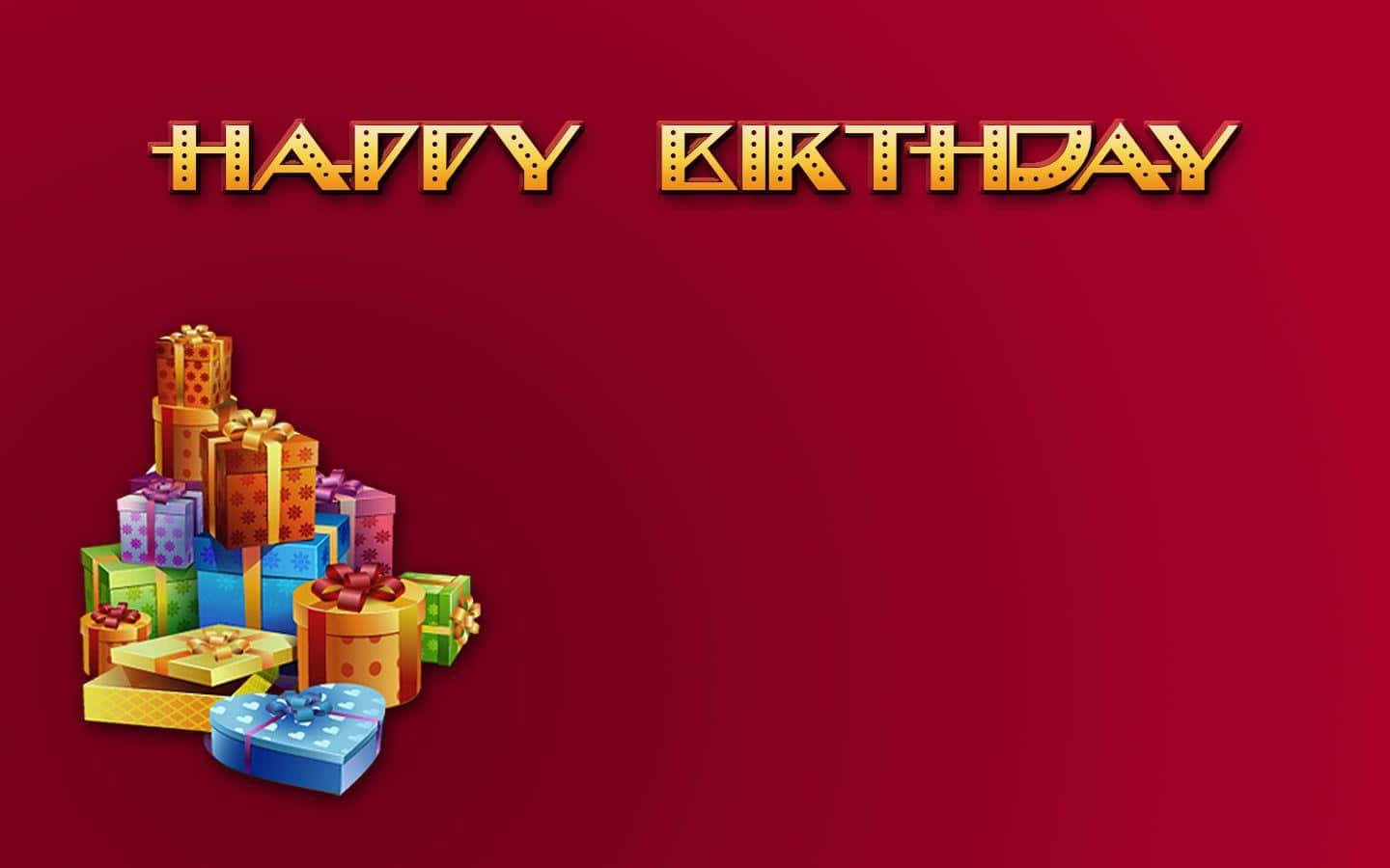 紅色背景上嘅彩色禮物盒同Happy Birthday文字