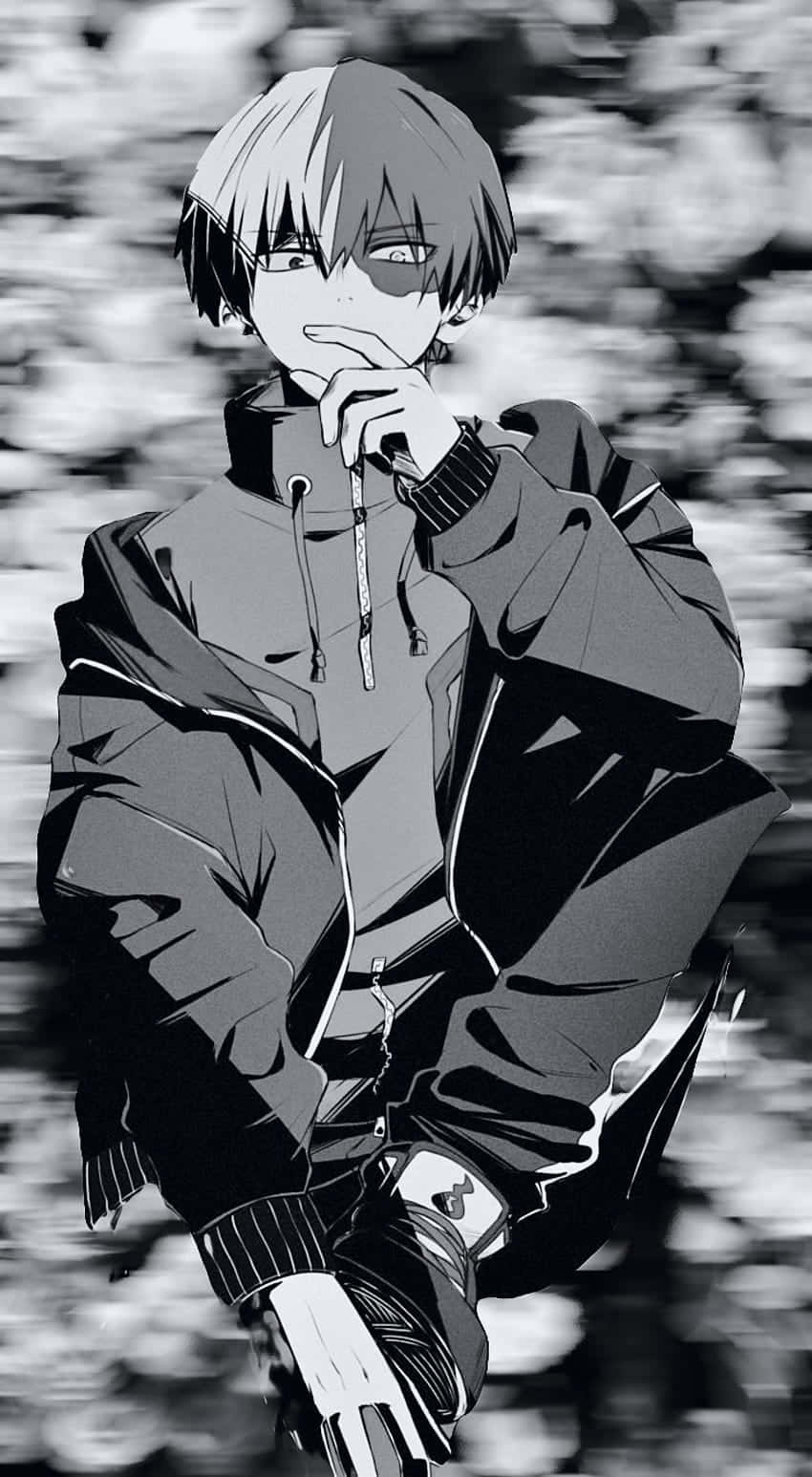 穿連帽衫的動漫男孩手托下巴思考，單色背景模糊