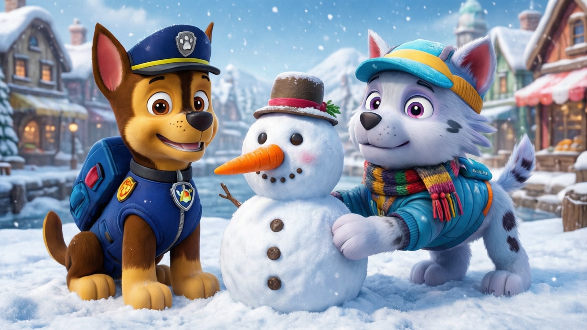 堆雪人樂趣 壁紙 — 兩隻動畫小狗英雄穿著冬季裝備，在白雪皚皚的村莊廣場上，快樂地與一個開心的雪人並排擺姿勢。