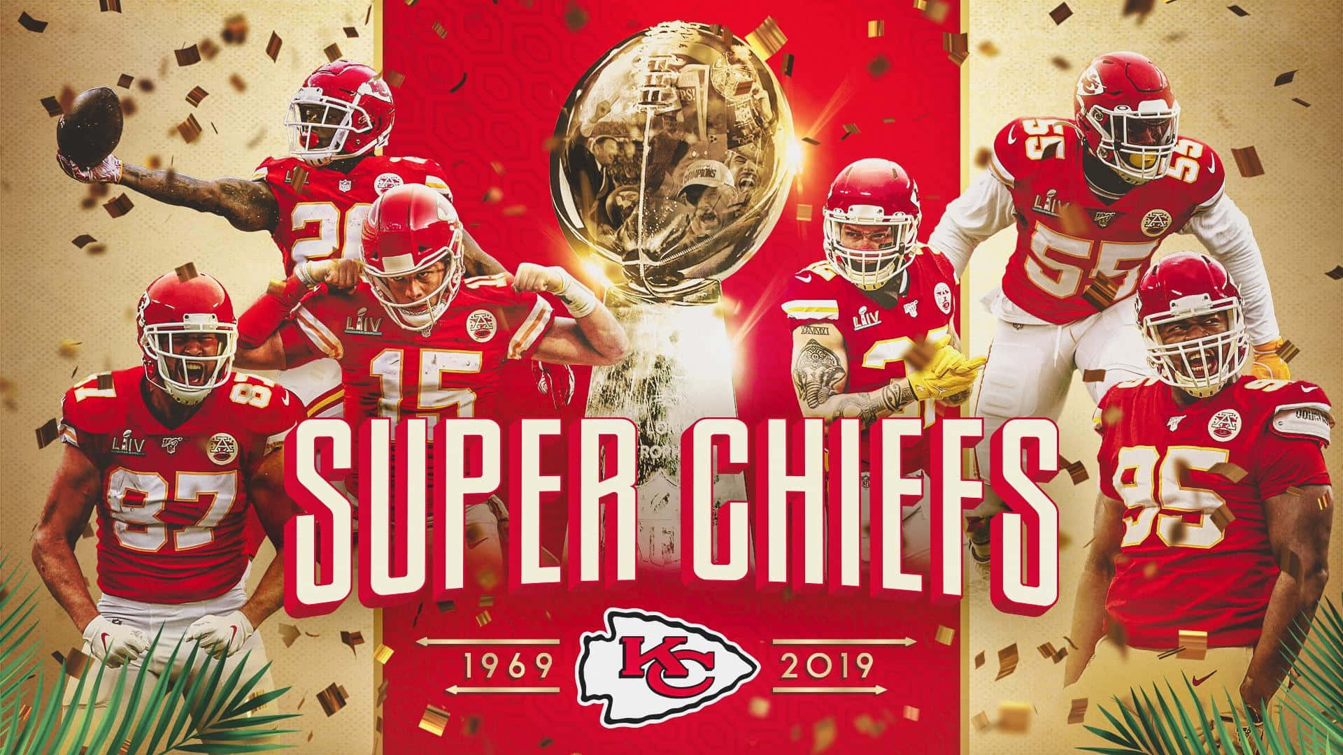 Super Bowl 桌布 壁紙 — 堪薩斯城酋長隊身穿紅色球衣的美式足球員在閃亮的隆巴迪獎盃周圍慶祝，五彩紙屑飄落。