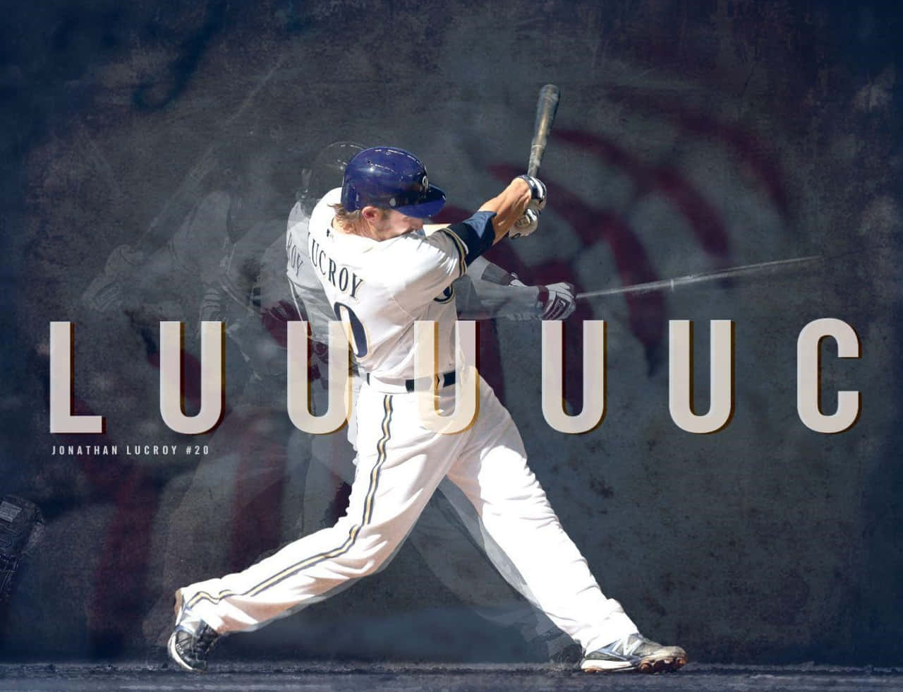 身穿白色球衣的棒球選手 Jonathan Lucroy 揮棒中，背景動態模糊。