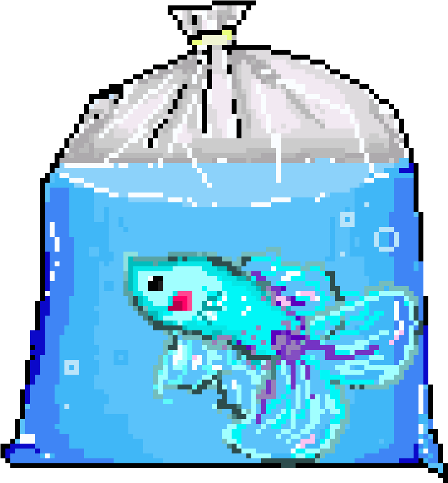 塑料袋中的斗魚 壁紙 — 一條像素化的藍綠色鬥魚在一個頂部綁著的藍色裝水膠袋中游動。