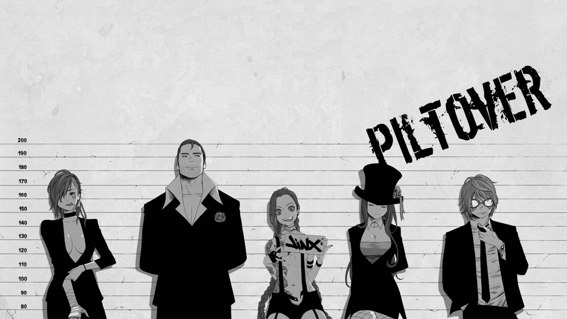 五個動漫角色排成一排大頭照，身高圖上有 'PILTOVER' 塗鴉。