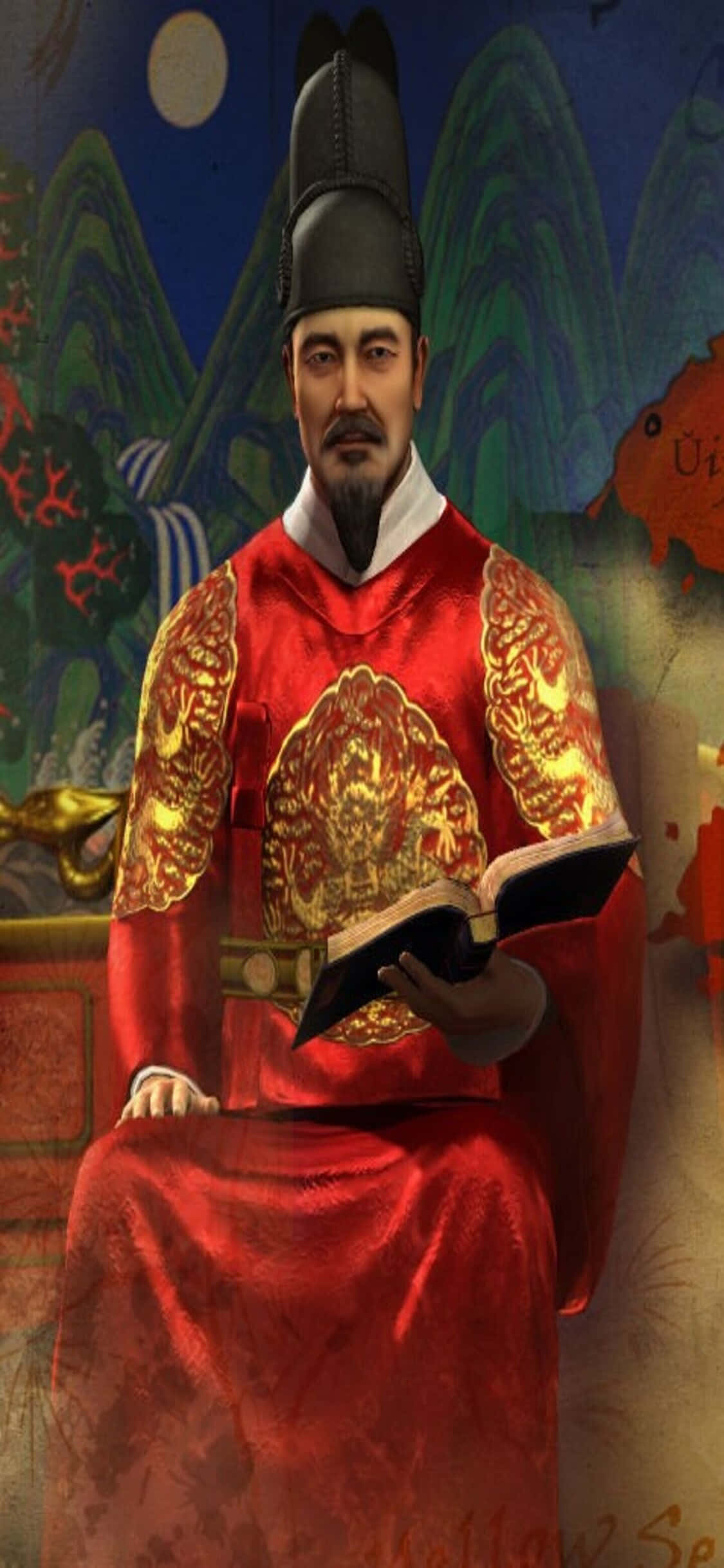 塑造你的世界 壁紙 — 一位威嚴的男子身穿華麗的紅金色傳統長袍，在滿月下以風格化的山景為背景，坐著手持一本打開的書。