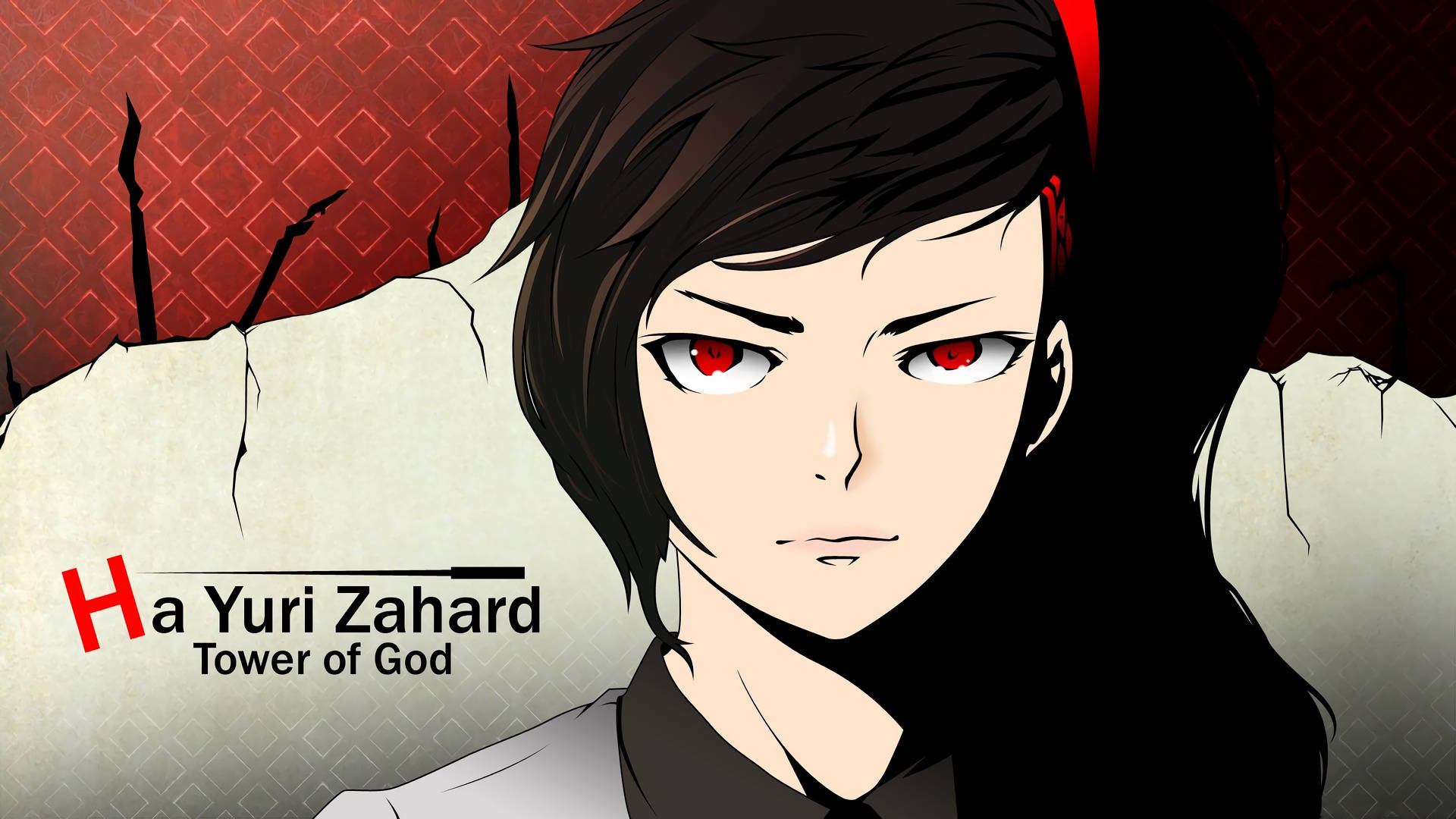 來自《神之塔》的動漫角色Yuri Zahard，紅眼睛和深色頭髮。