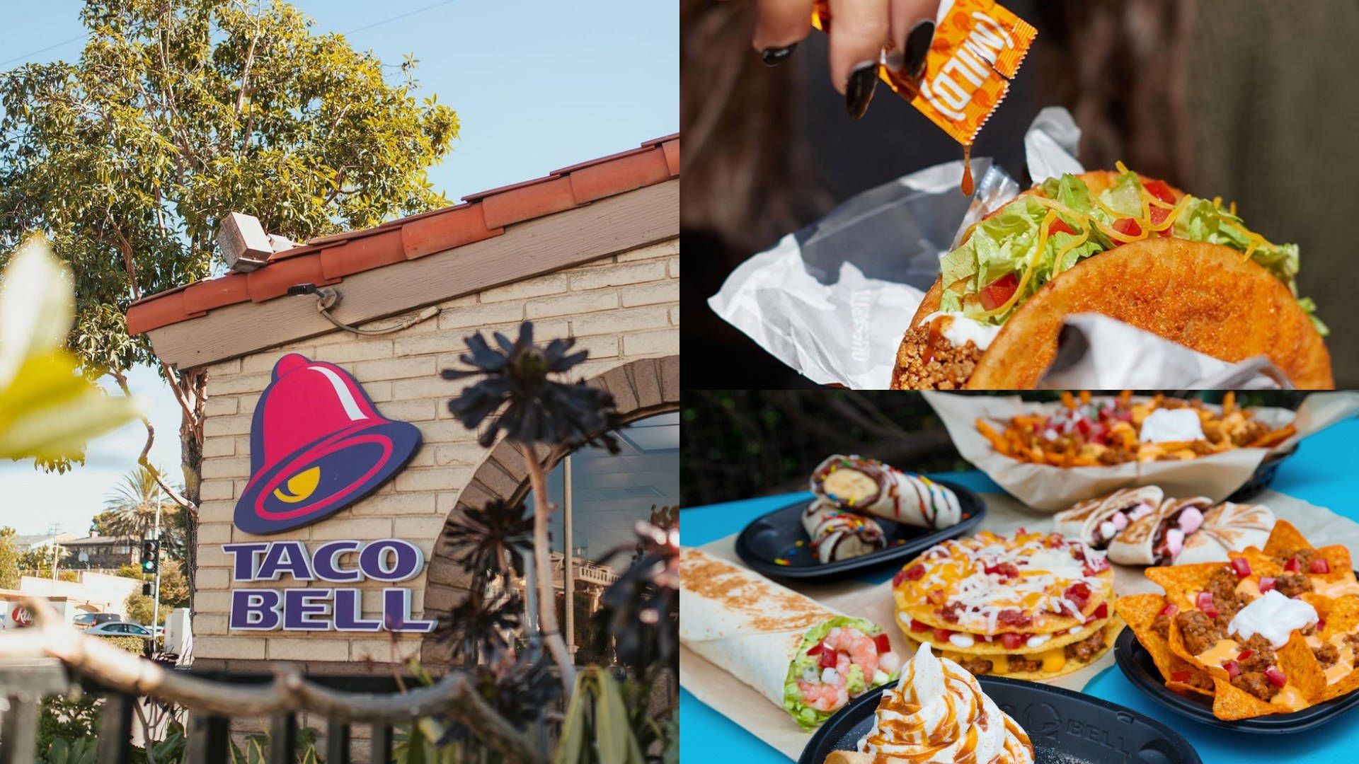 塔可鐘拼貼畫 壁紙 — 一幅充滿活力的拼貼畫，展示了 Taco Bell 餐廳的外觀以及各種色彩繽紛的快餐食品，如玉米餅、玉米片和捲餅。