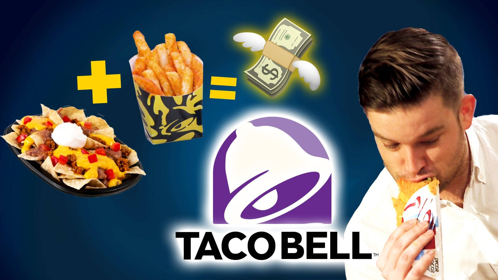 塔可鐘搞笑海報 壁紙 — 一名男子正在吃Taco Bell食物，圖形顯示粟米片薯條和金錢等於Taco Bell標誌。