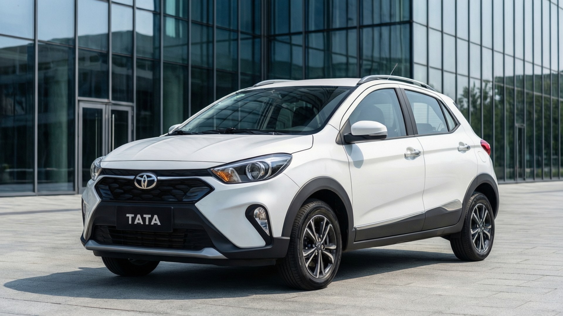 白色Tata SUV停在玻璃建築外，陽光明媚。