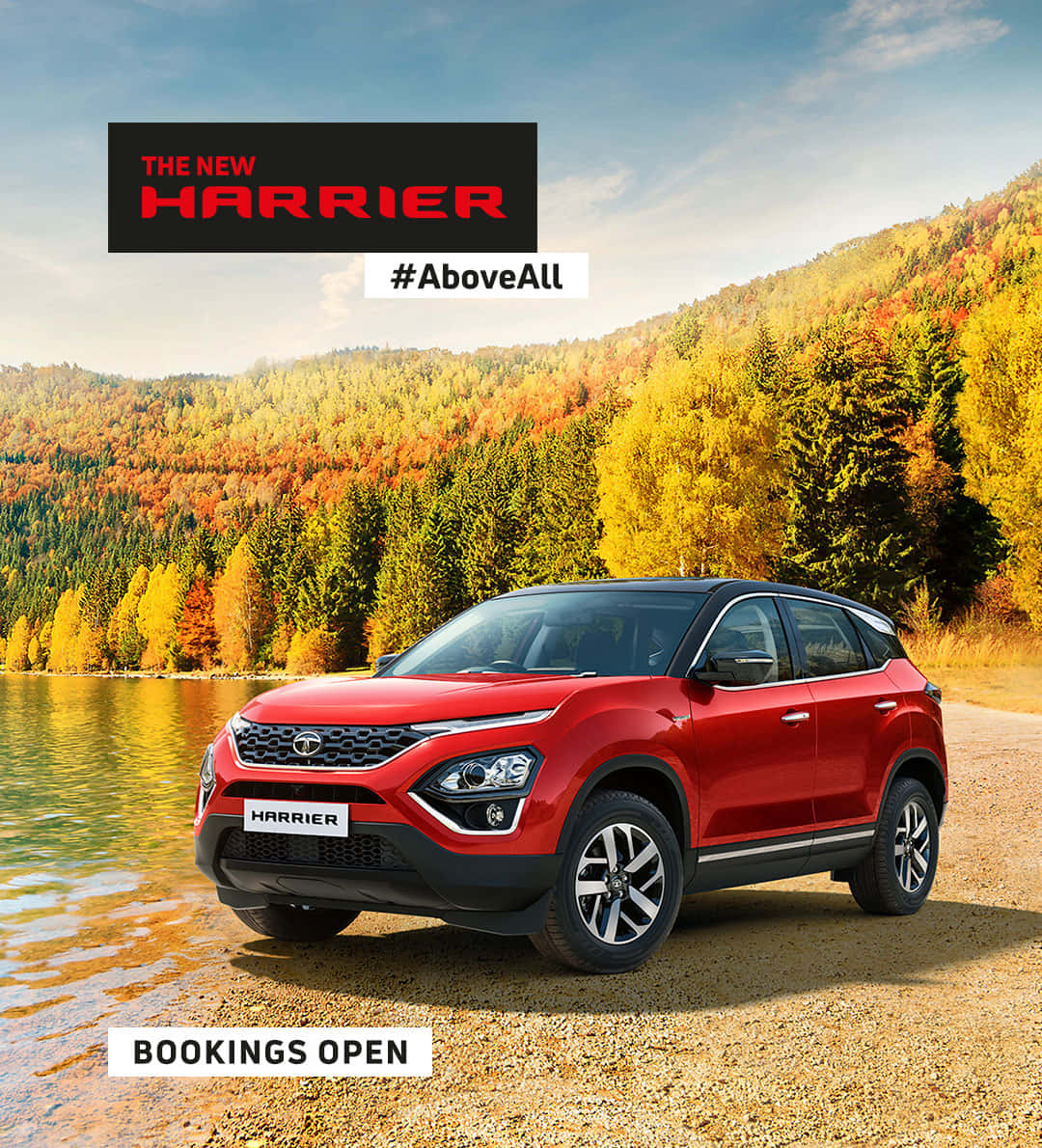 紅色SUV停在湖邊，周圍環繞著秋樹
