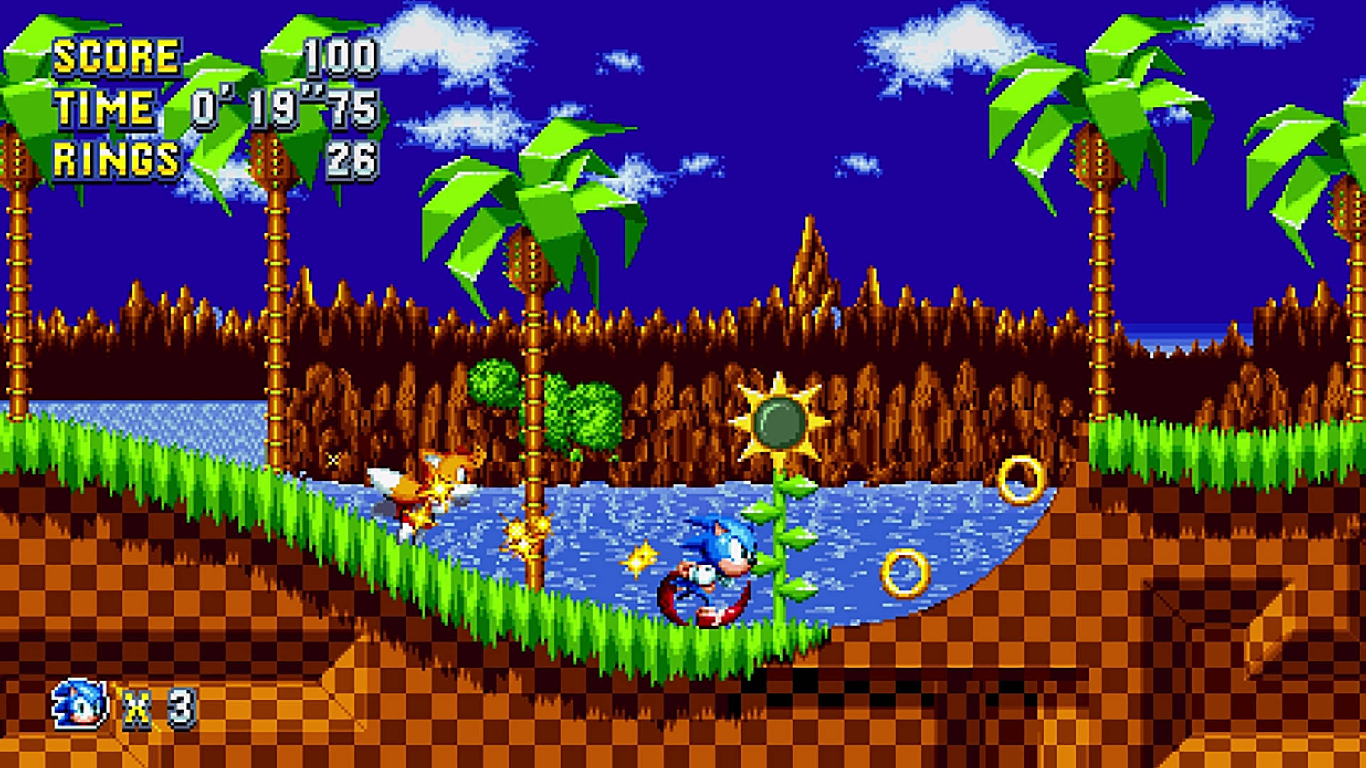 Sonic the Hedgehog 喺一個有金環同棕櫚樹嘅熱帶河流關卡中奔跑。
