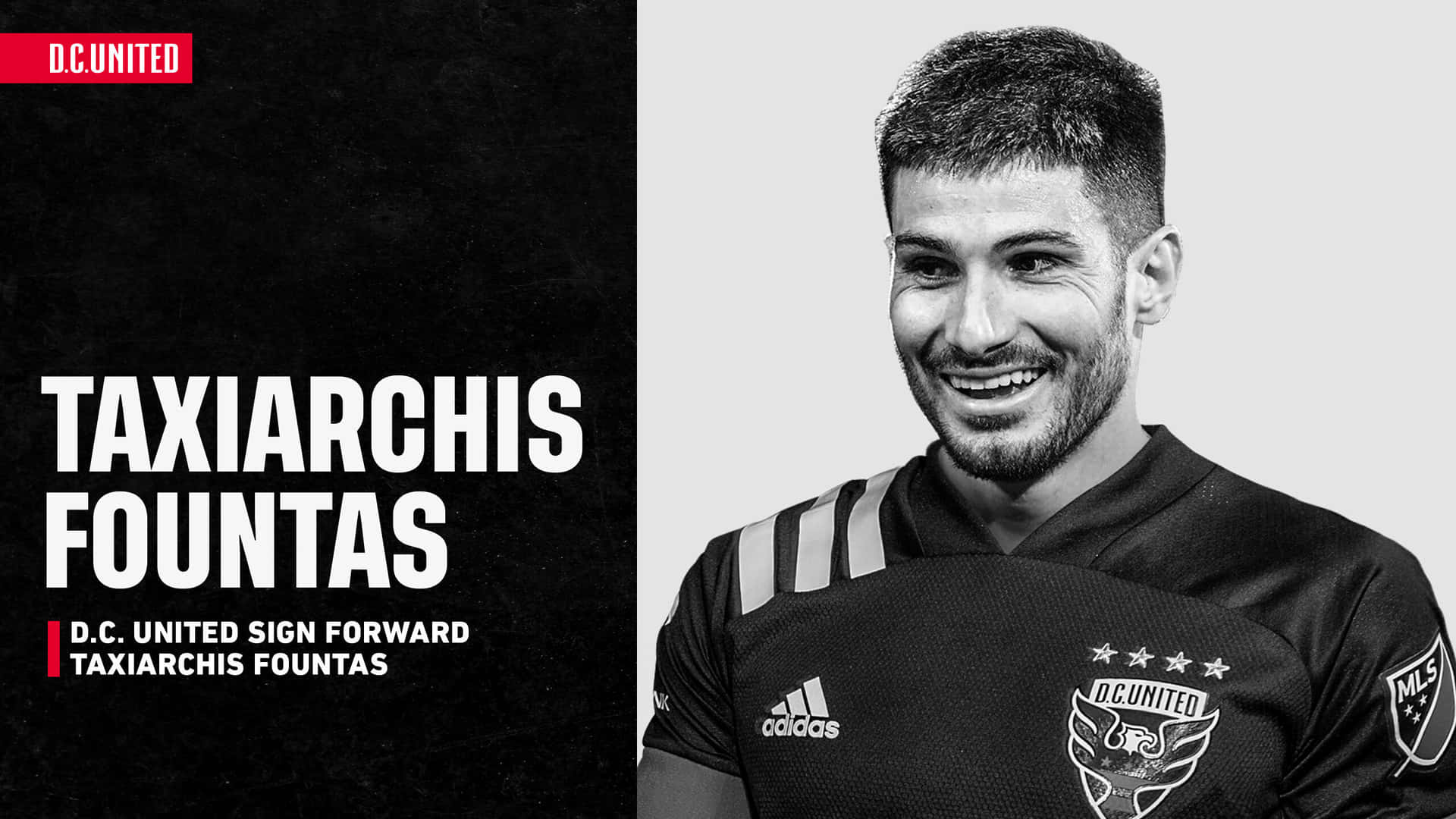 足球員 Taxiarchis Fountas 身穿 D.C. United 球衣微笑，附有球隊公告文字。