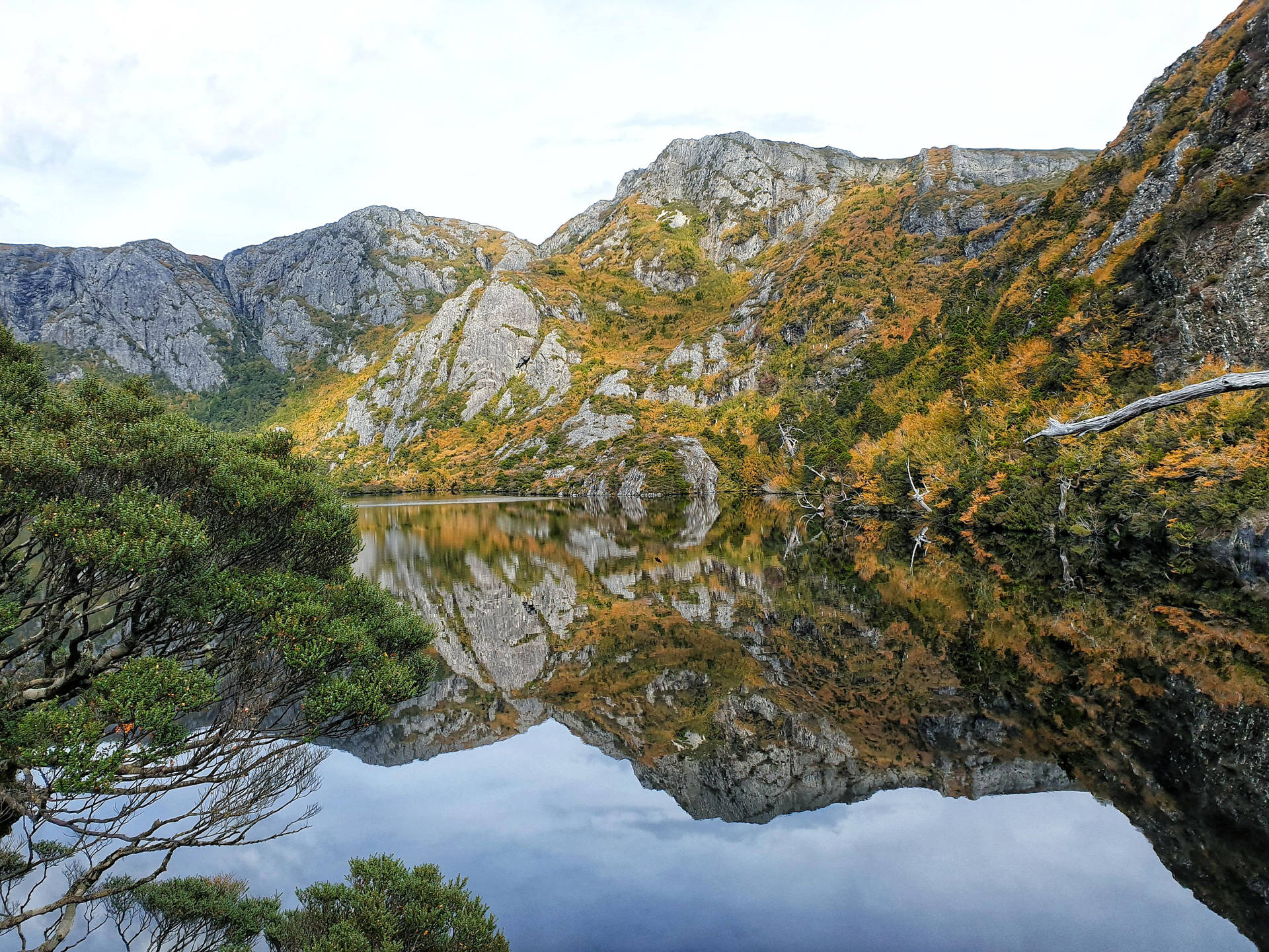 山中湖泊在陰天下映照秋樹和岩石峭壁