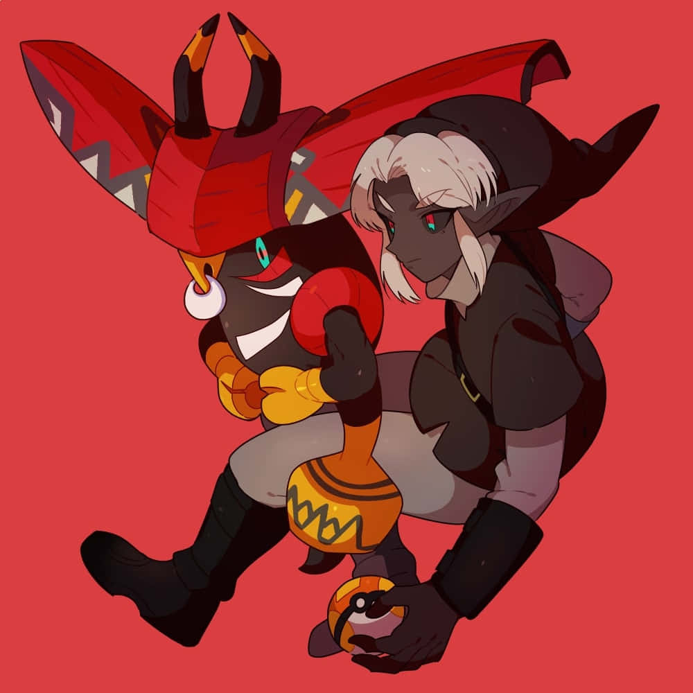 一個精靈和一個紅色裝甲生物手持精靈球，背景為紅色。 — 連結 GIF 壁紙