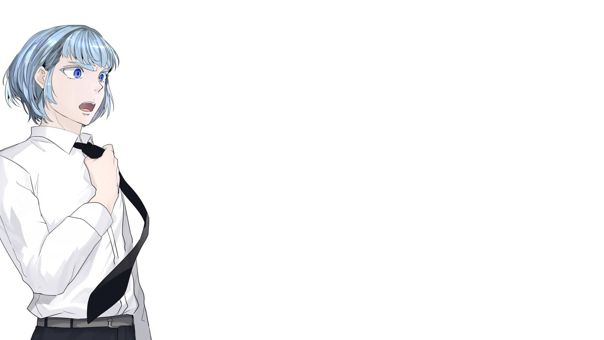 銀色頭髮的動漫女孩在白色襯衫中調整她的黑色領帶。