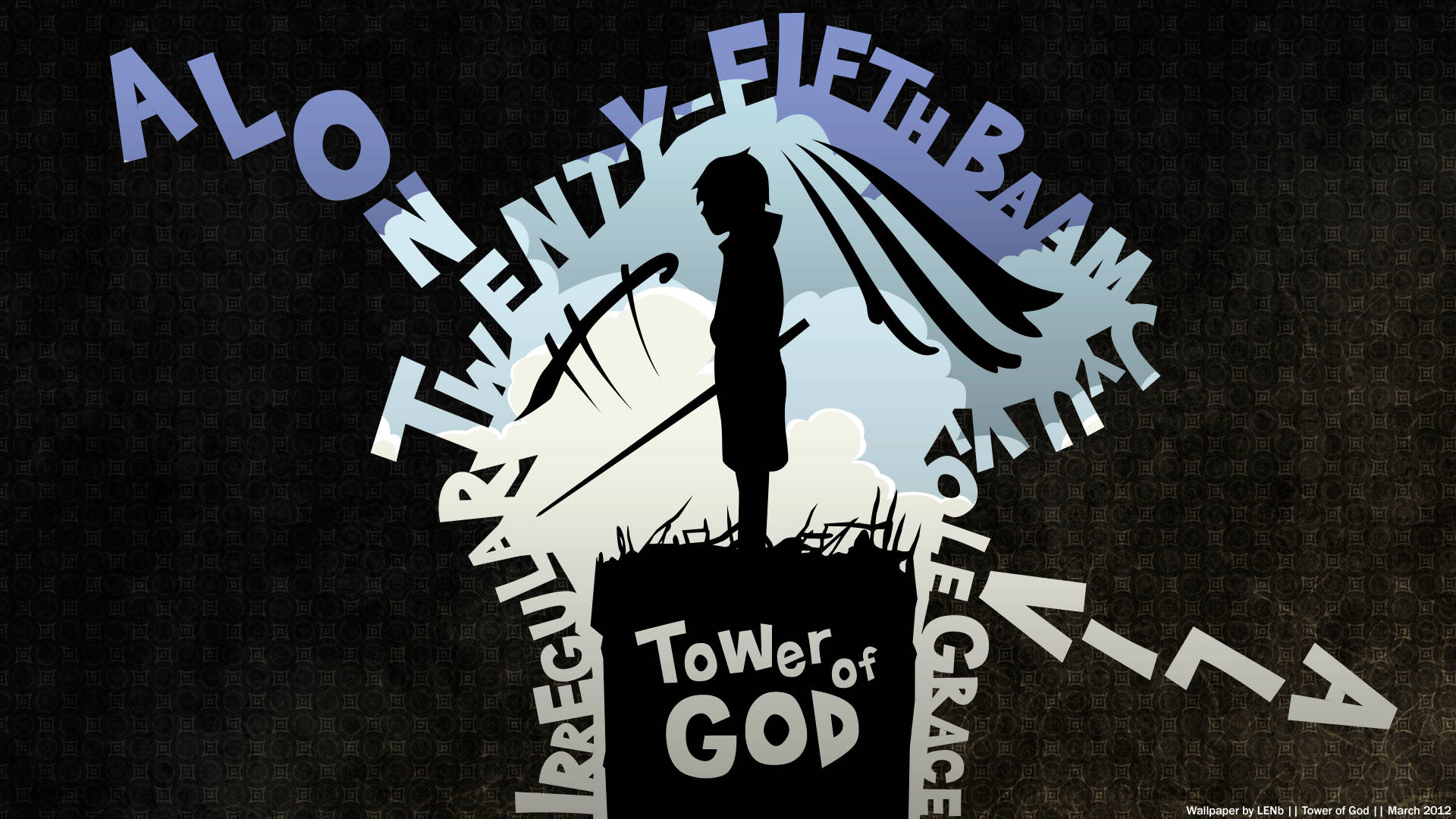 動畫角色剪影在 Tower of God 上，手持劍和披風，背景深色。