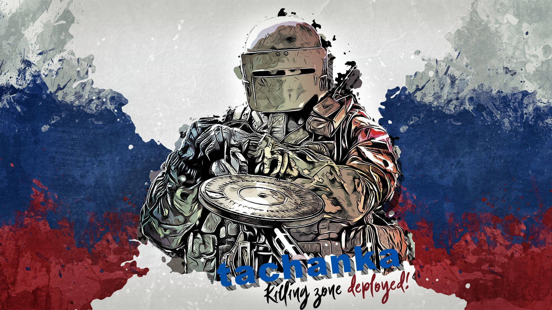 身穿戰鬥裝備的士兵手持武器，背景濺開，上面有 tachanka killing zone deployed 文字。