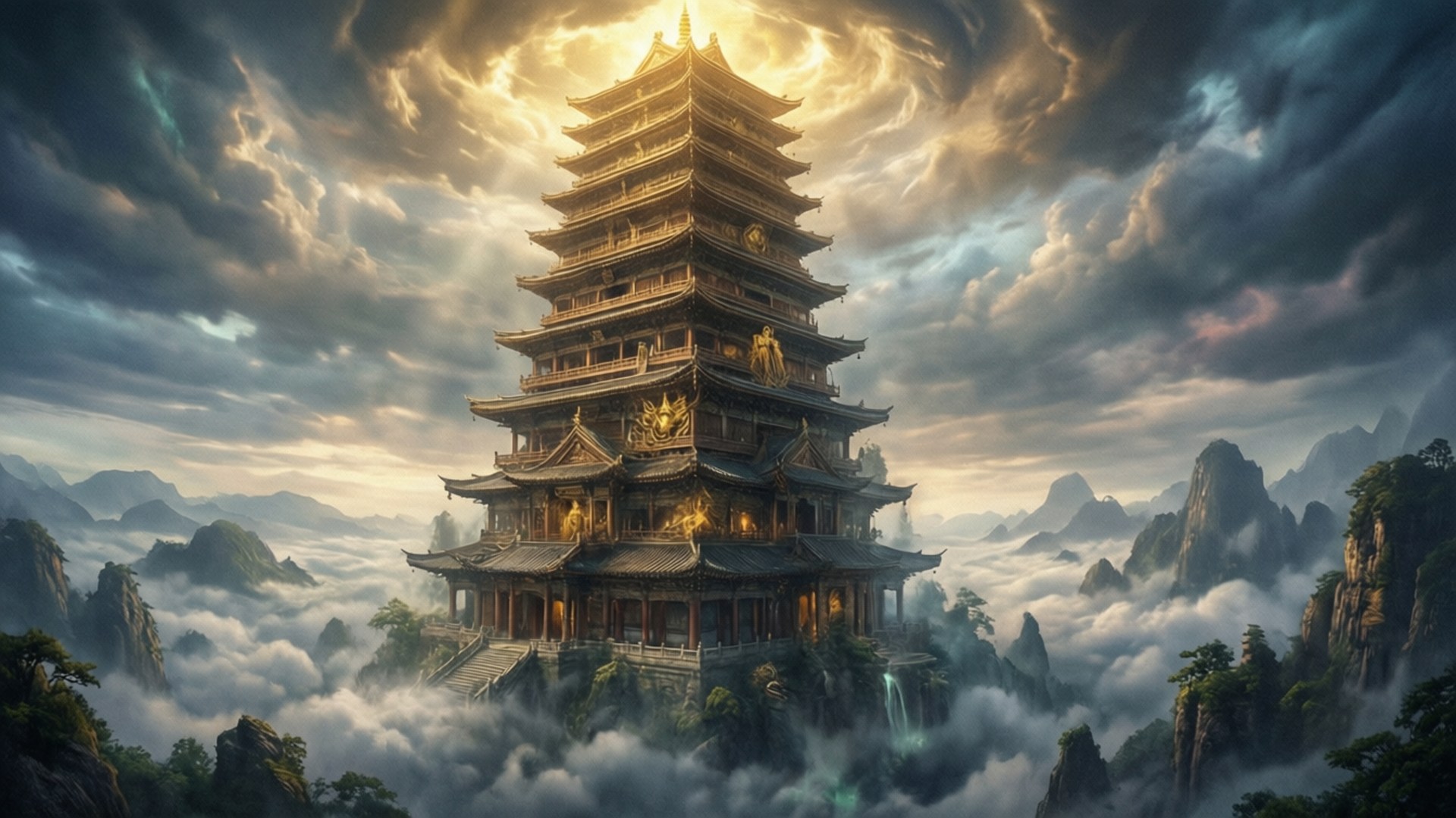 塔的威嚴 壁紙 — 一座宏偉的多層寶塔在旋轉的雲層之上升起，金色的光芒穿透暴風雨的天空。