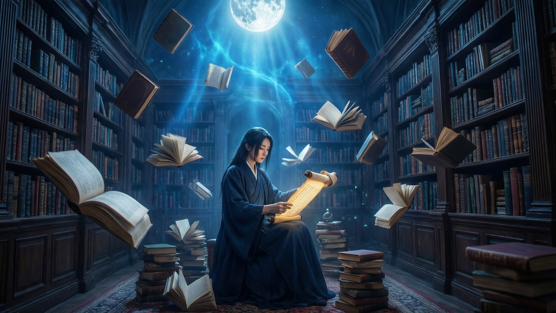 塔米約的月光書房 壁紙 — 一個穿著深色長袍的人坐在宏偉的圖書館裡，發光的書本在滿月下漂浮在他們周圍。