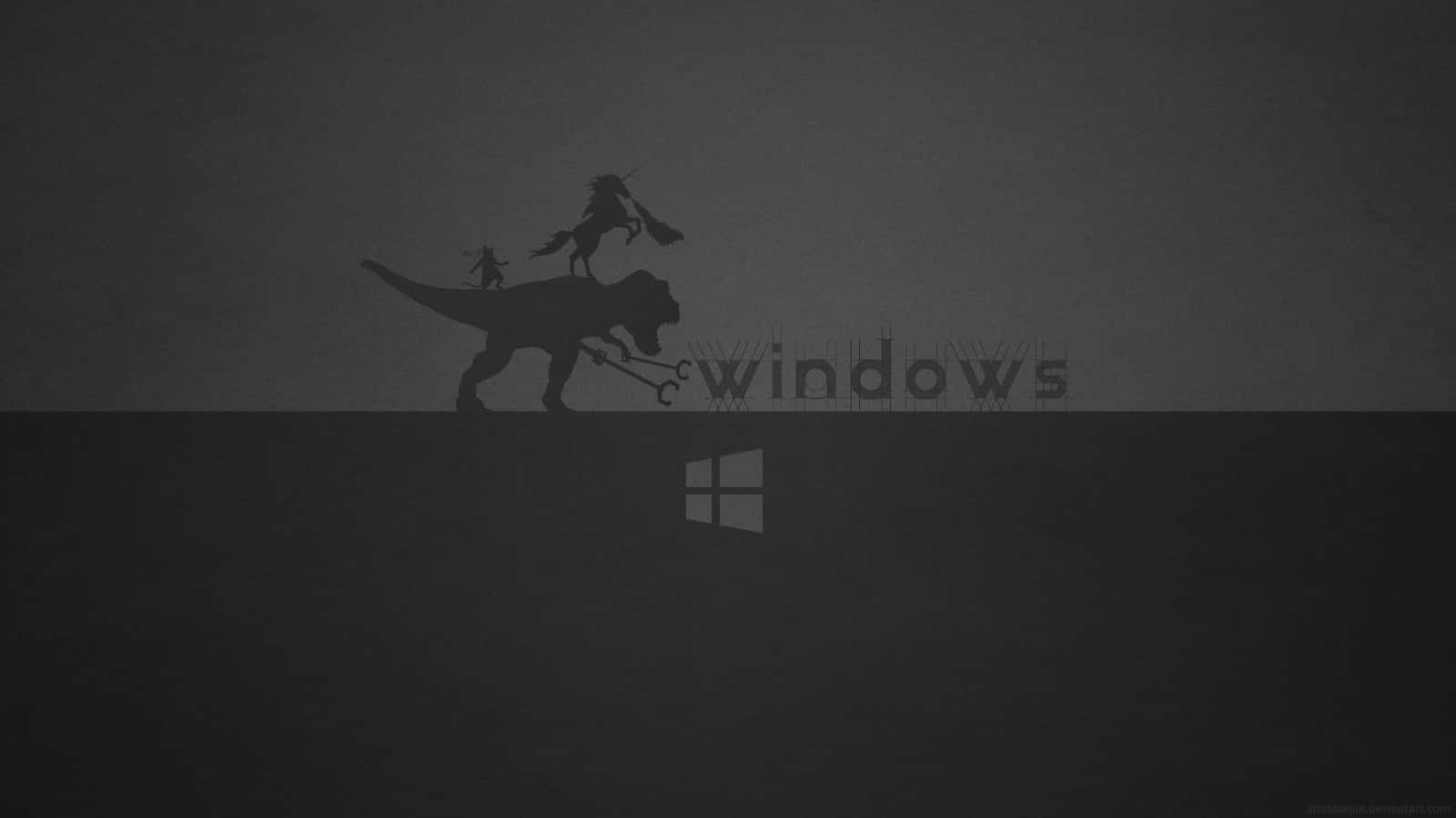 黑暗背景上Windows標誌旁邊的恐龍、騎手和小人物。