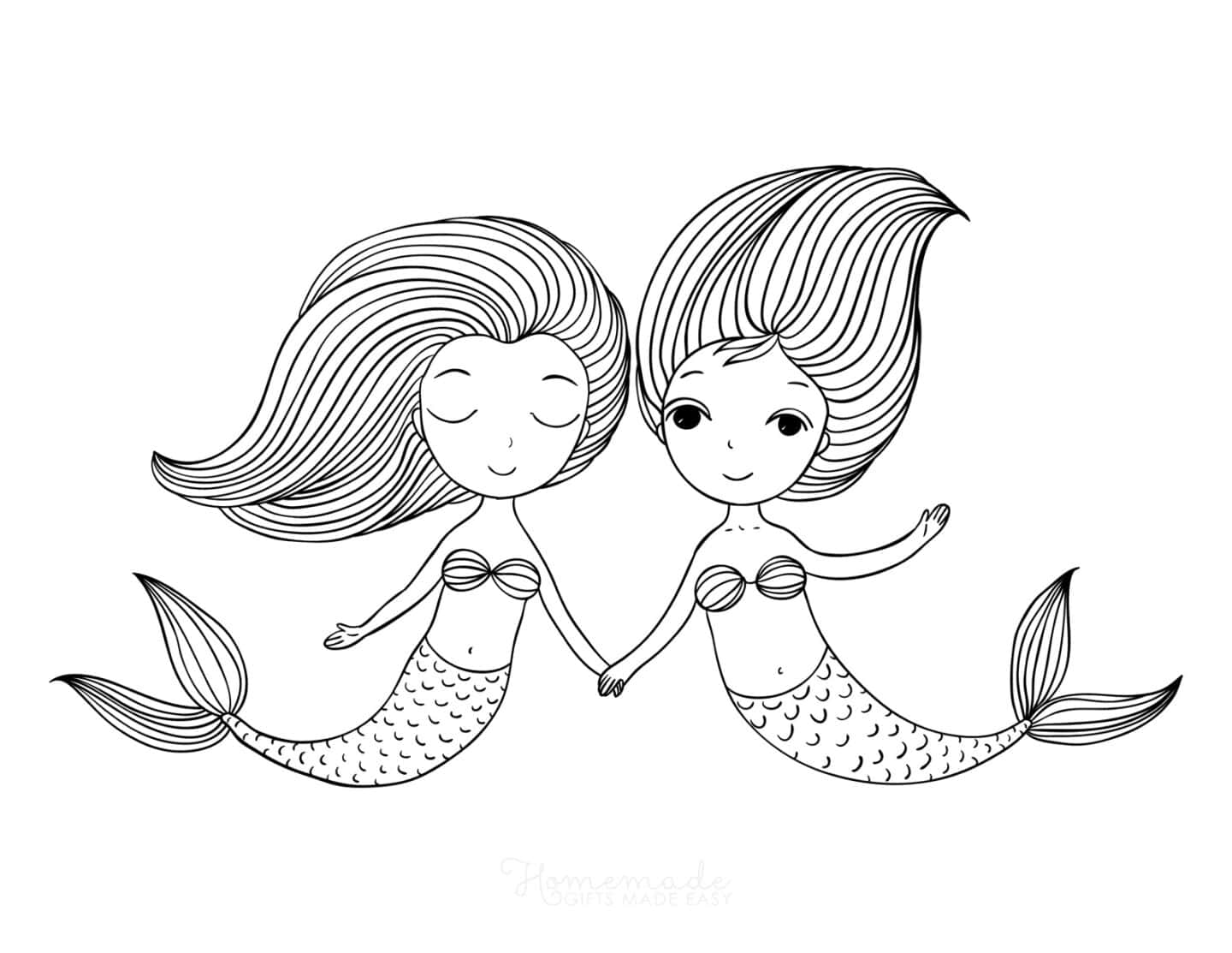 兩個微笑的美人魚，長髮飄逸，魚尾相連，手牽手。