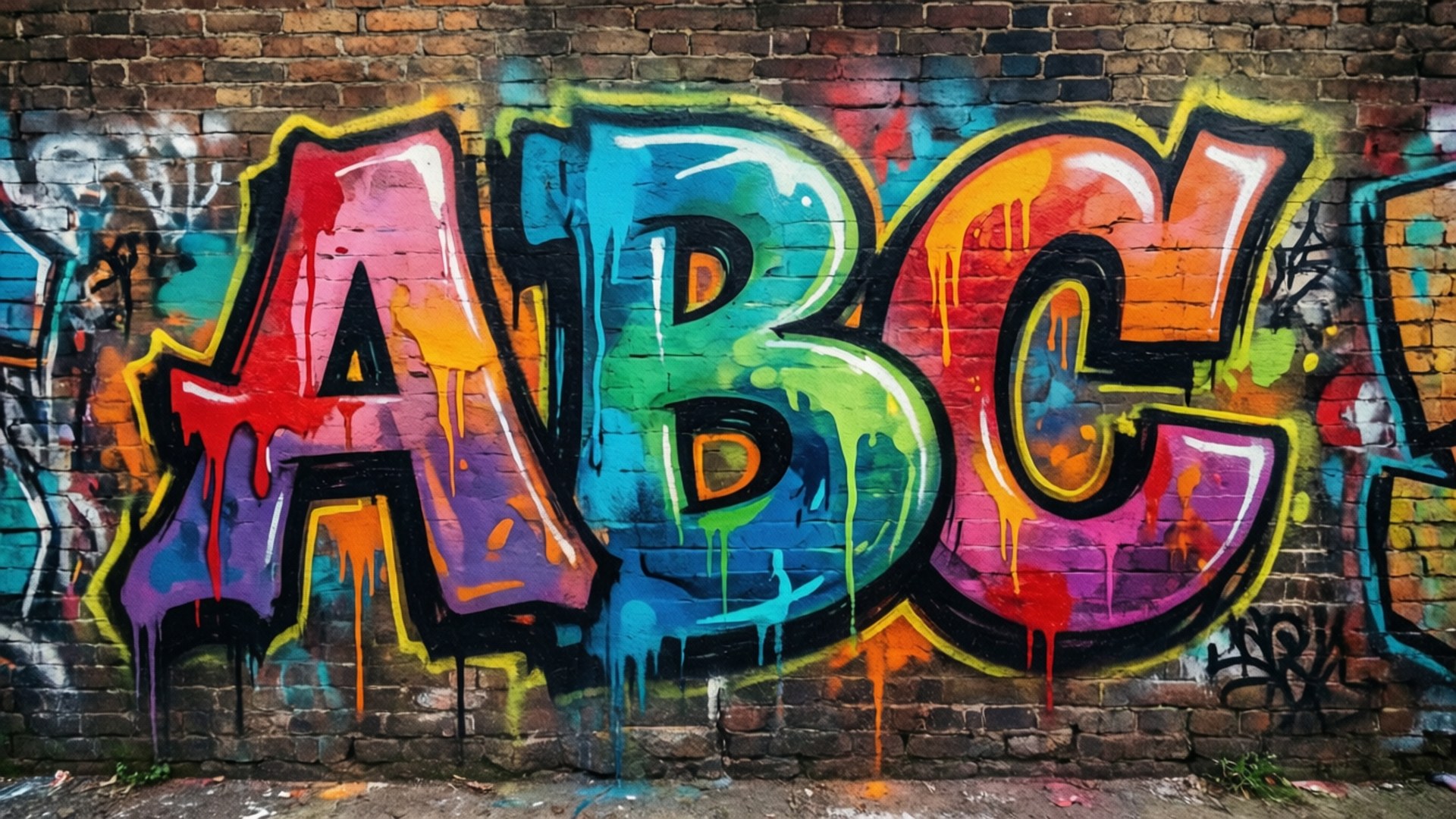 塗鴉ABC壁畫 壁紙 — 充滿活力的塗鴉字母ABC在風化的磚牆上滴落彩虹油漆。