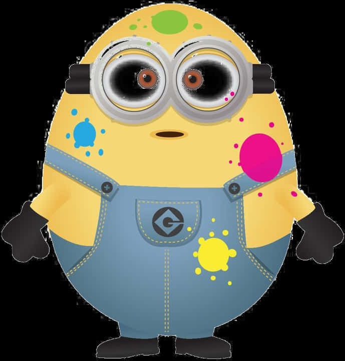 塗鴉小黃人 壁紙 — 一個充滿活力的黃色Minion，身上沾滿了五彩斑斕的油漆漬，站在純色背景前。