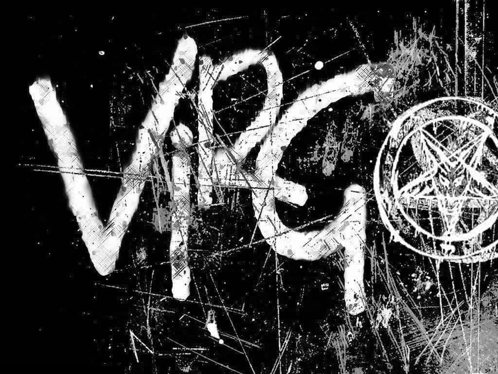 處女座 桌布 壁紙 — 塗鴉標籤寫著 VIRGO，帶有五角星符號，刮在深色表面上，有飛濺和條紋。
