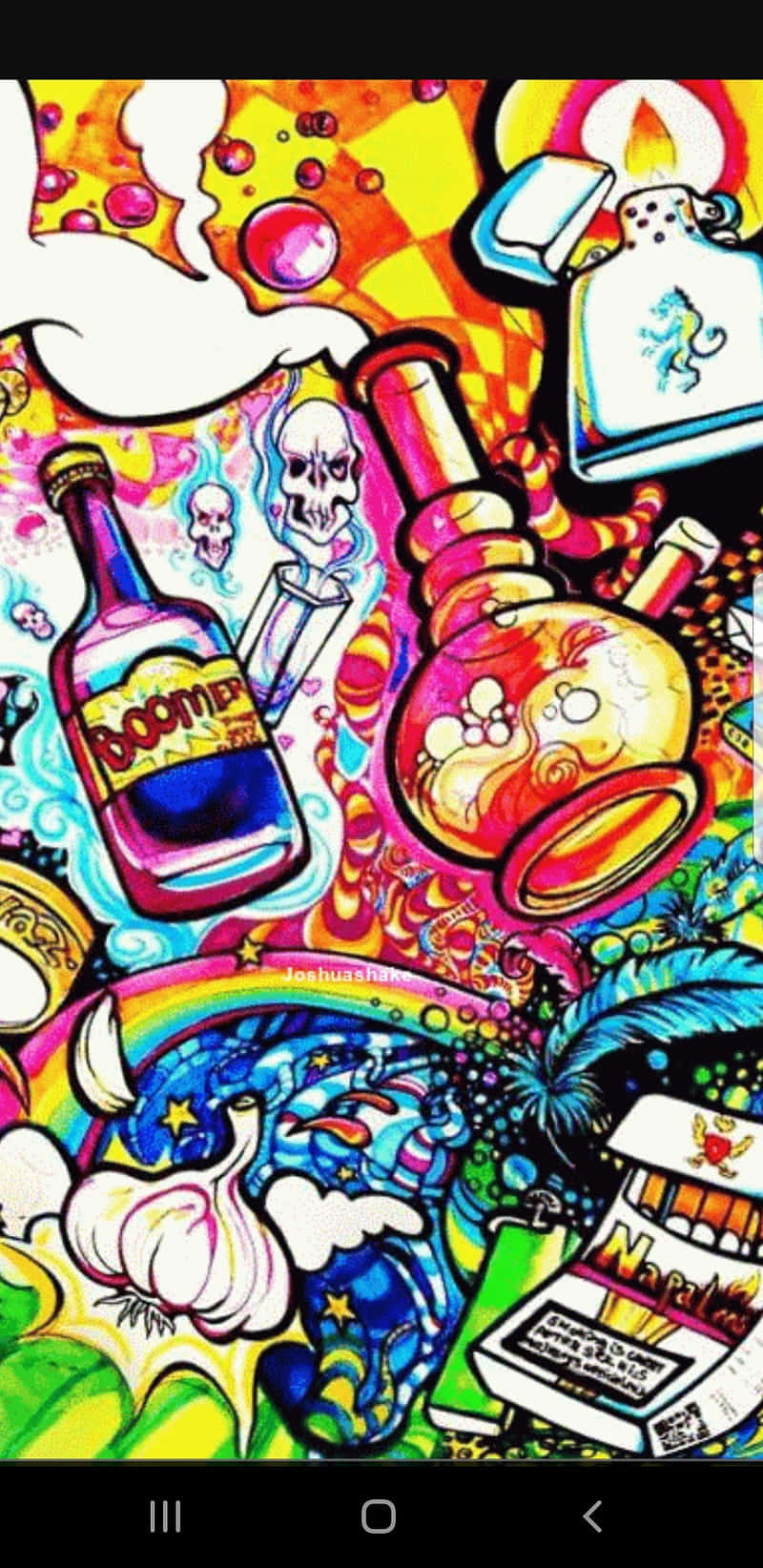 迷幻卡通拼貼畫，包含骷髏頭、瓶子和彩虹漩渦。