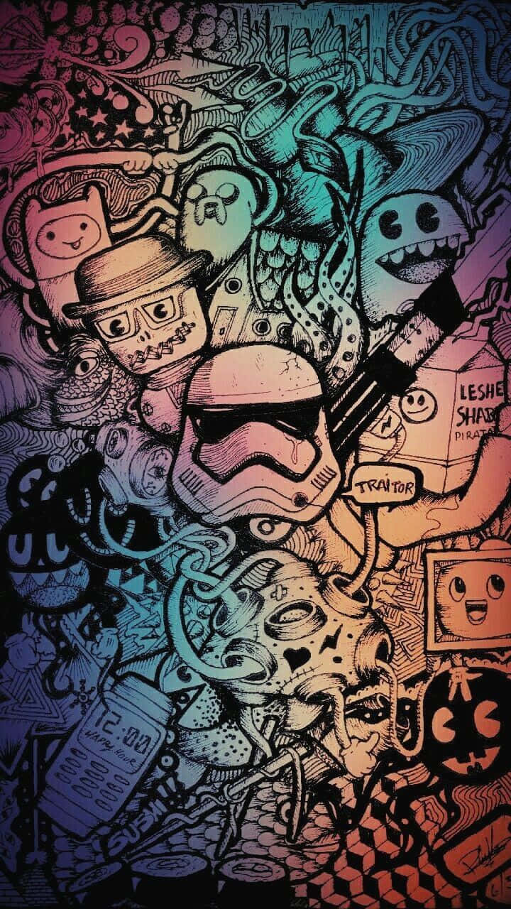 塗鴉藝術靈感背景 壁紙 — 一幅混亂多彩的插圖，充滿卡通角色和流行文化圖標，以密集的塗鴉風格呈現。