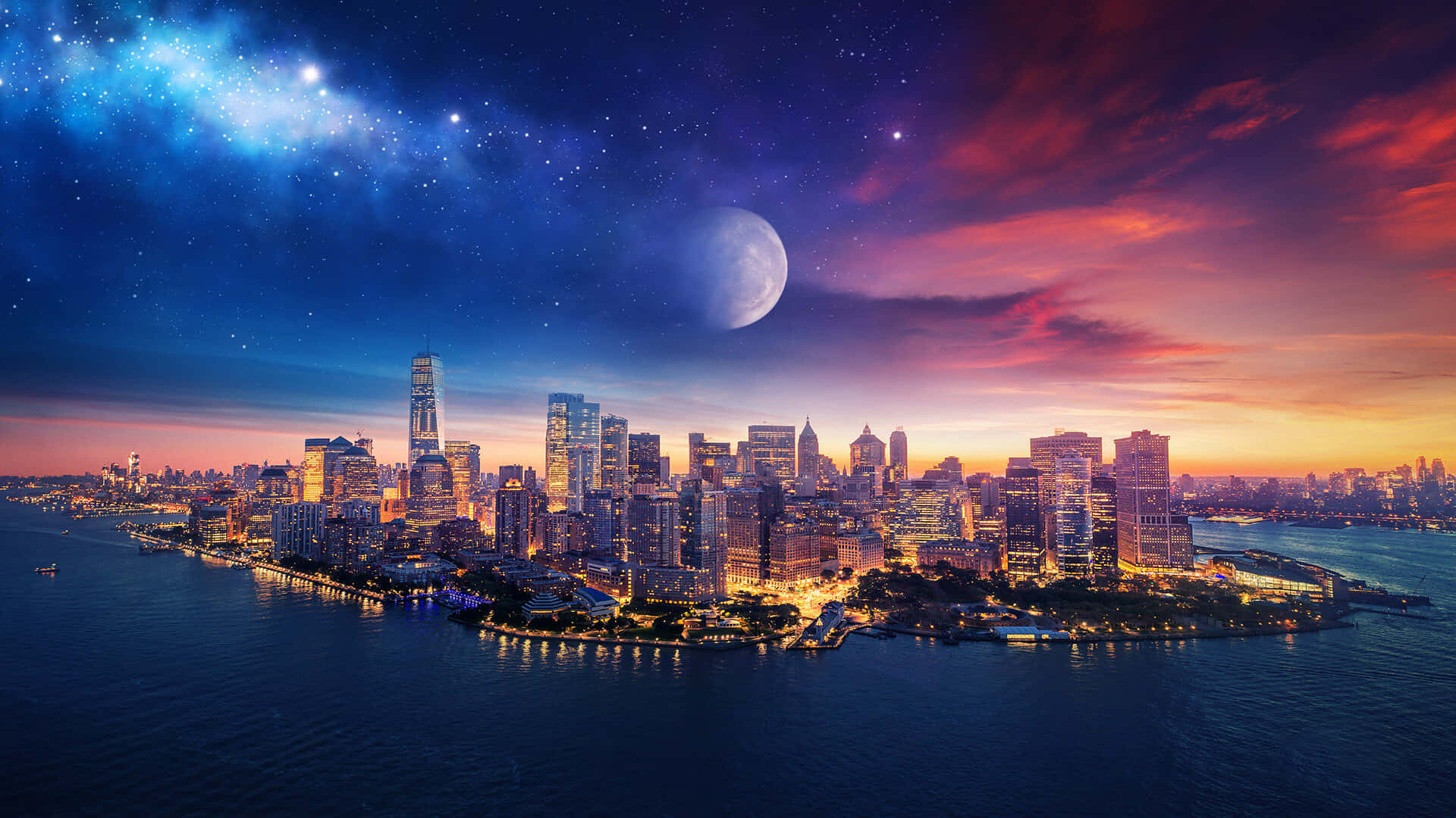 黃昏時分的城市天際線，水面上有發光的月亮和星空。