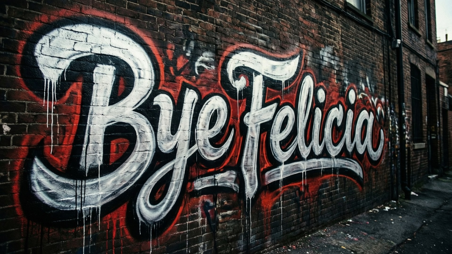 塗鴉風格「Bye Felicia」 壁紙 — 喺昏暗嘅城市後巷，一幅飽經風霜嘅磚牆上，有醒目嘅塗鴉寫住「Bye Felicia」，用白色同紅色嘅油漆滴落嚟。