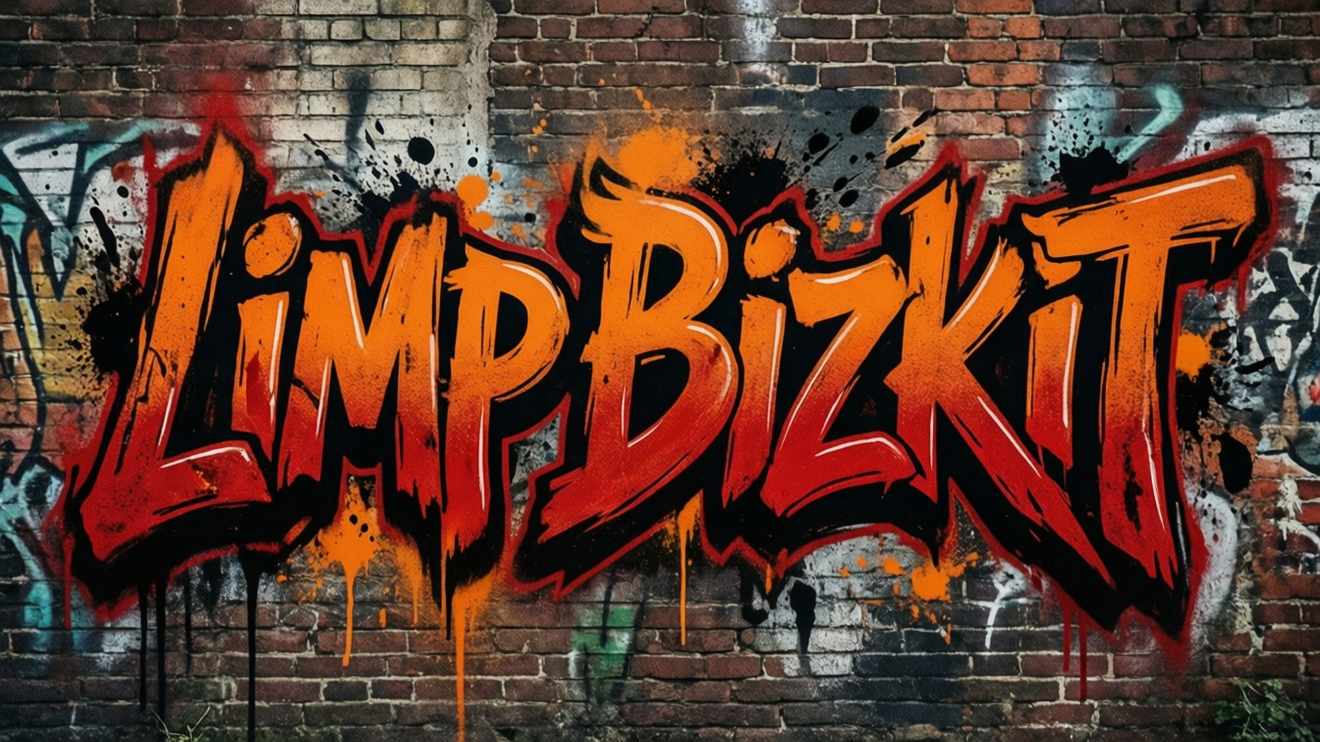 磚牆上Limp Bizkit的塗鴉藝術作品，油漆滴落。