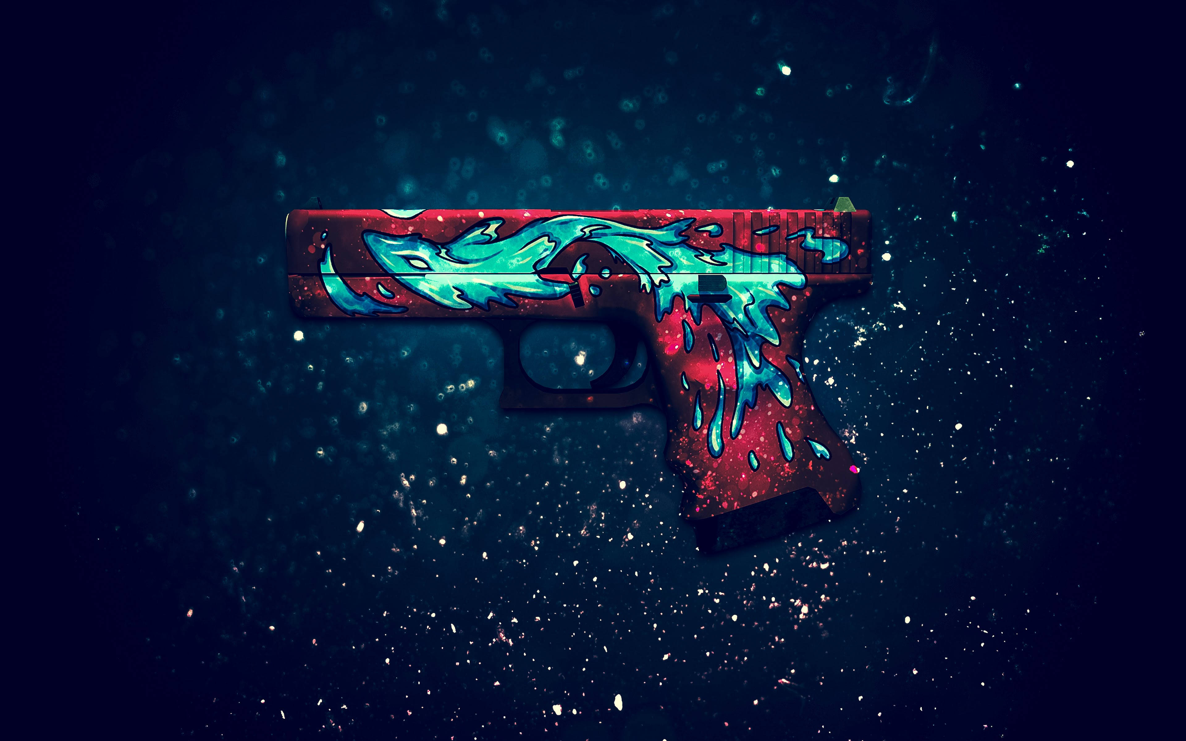 塗鴉風格 Glock 壁紙 — 一把帶有鮮豔紅色和藍綠色龍塗鴉藝術的手槍在閃爍的粒子中漂浮，背景是黑暗的宇宙。