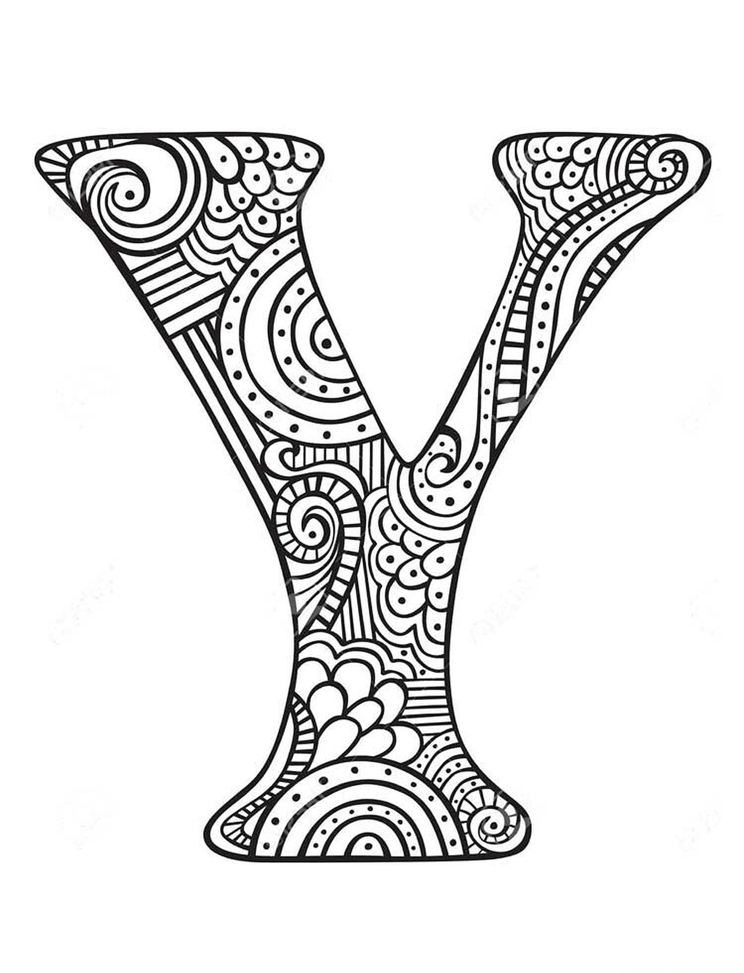 塗鴉風格字母Y 壁紙 — 一個黑白裝飾字母Y，充滿複雜的漩渦圖案和點點，供填色使用。