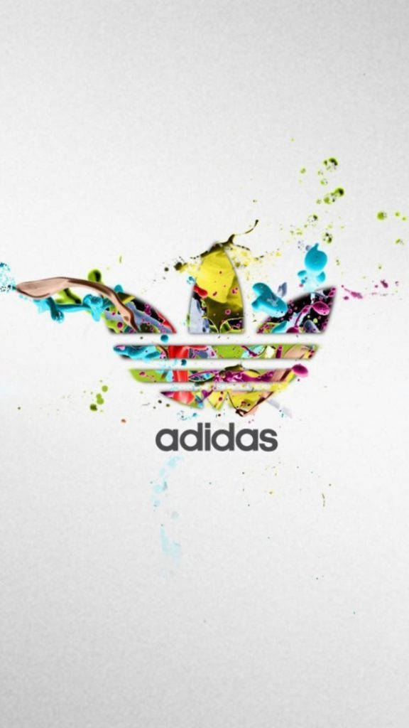 塗鴉飛濺標誌阿迪達斯 iPhone 壁紙 — 鮮豔的油漆飛濺從風格化的Adidas標誌中迸發出來，背景是乾淨的白色。