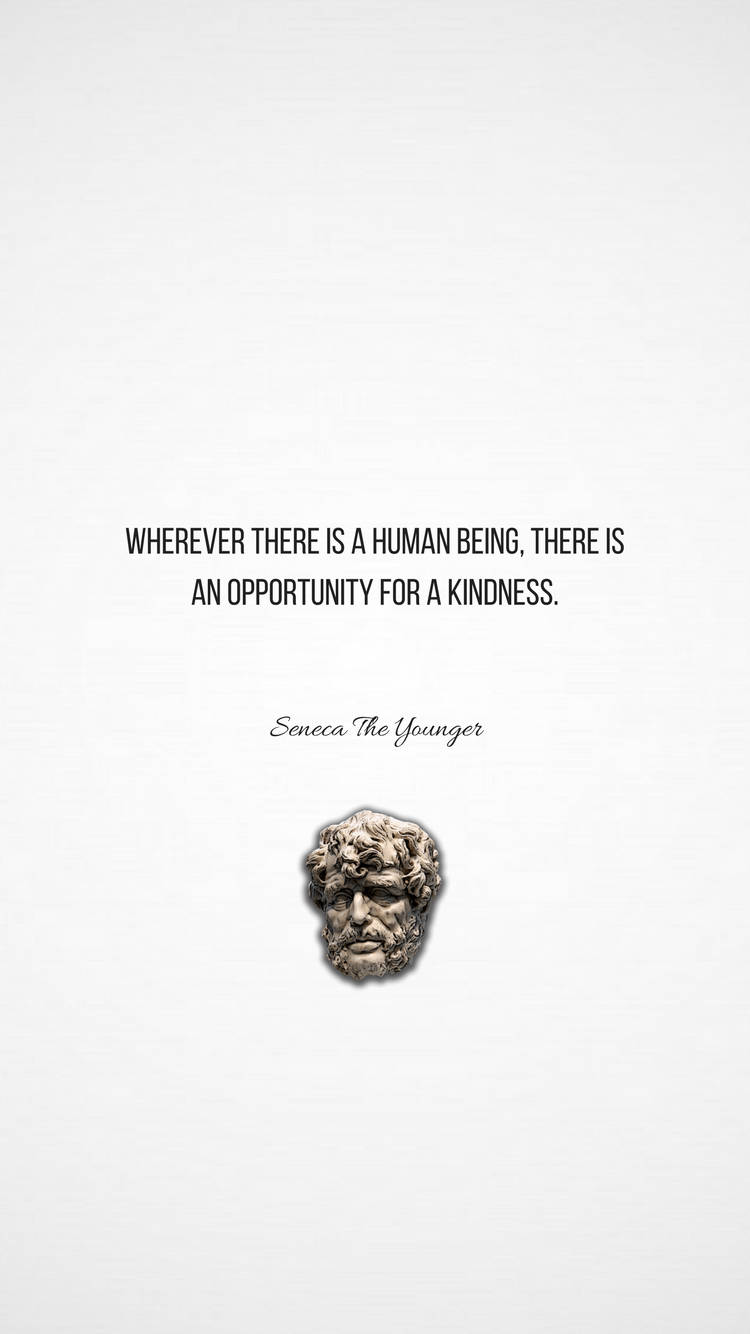 小塞內卡（Seneca the Younger）的石像半身像，白色背景上附有關於善良的名言。