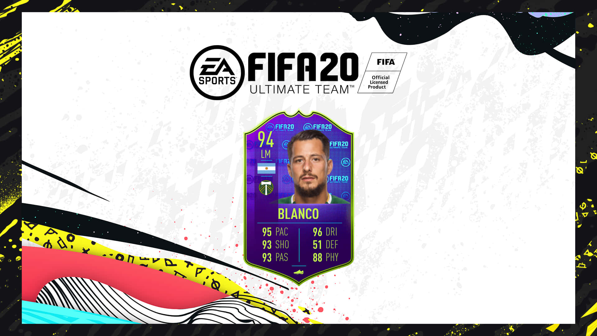 塞巴斯蒂安·布蘭科《FIFA 20》遊戲卡 壁紙 — 一張充滿活力的FIFA 20 Ultimate Team球員卡， featuring Blanco，附有統計數據和色彩繽紛的抽象背景元素。