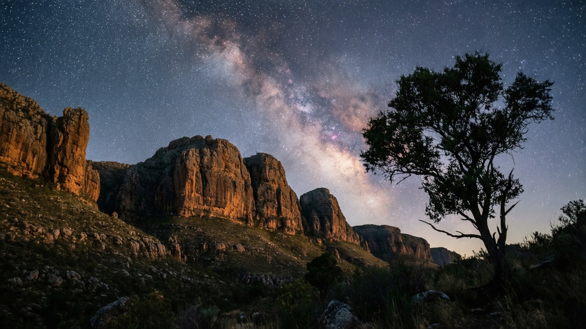 塞德伯格銀河 壁紙 — 一棵孤樹在星空夜空下形成剪影，銀河在崎嶇的橙色岩層上拱起。