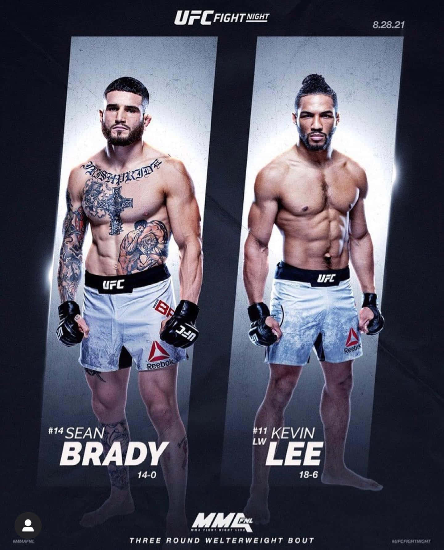 塞恩·布雷迪與凱文·李全身照 壁紙 — 兩位肌肉發達的UFC拳手肖恩·布雷迪和凱文·李在黑暗的攝影棚背景下，以戲劇性的燈光擺出戰鬥姿勢。