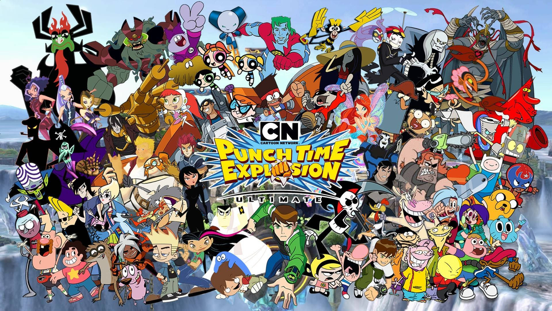 塞滿卡通頻道角色 壁紙 — 一幅充滿活力的卡通拼貼畫，數十個Cartoon Network角色在雪山背景下圍繞中央標誌充滿活力地擺姿勢。