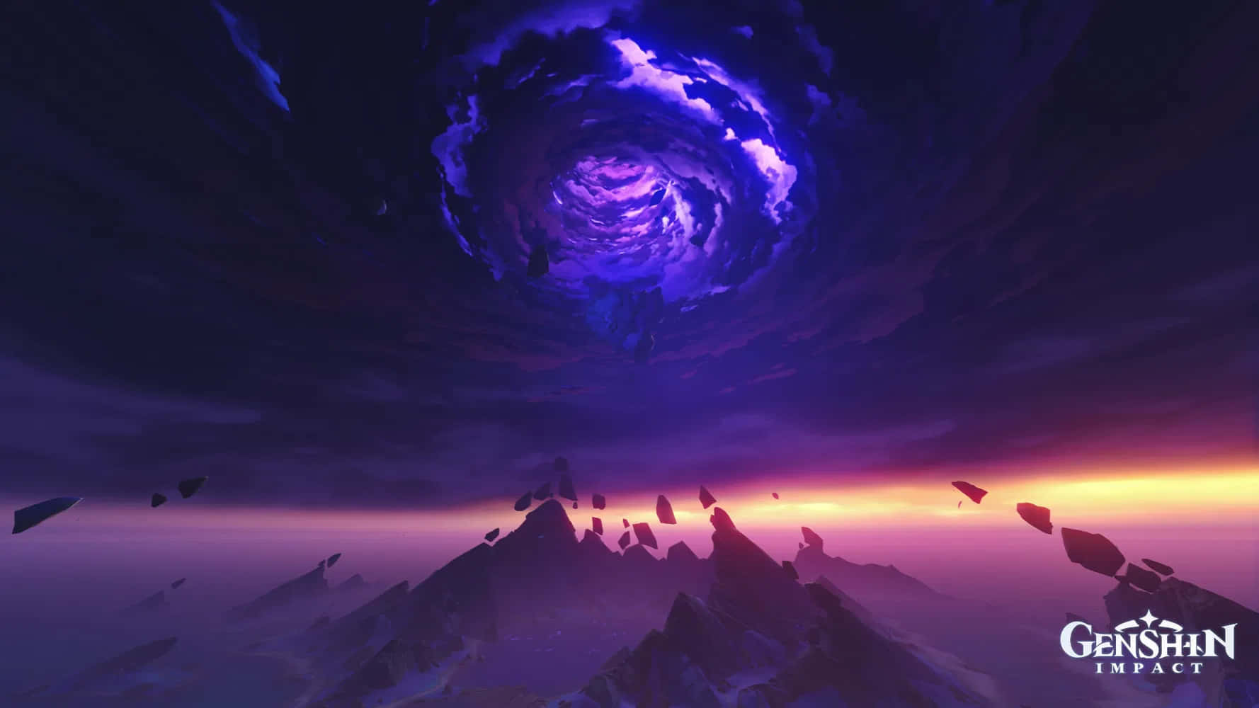暮色中崎嶇山脈上空的紫色宇宙漩渦，漂浮著岩石。